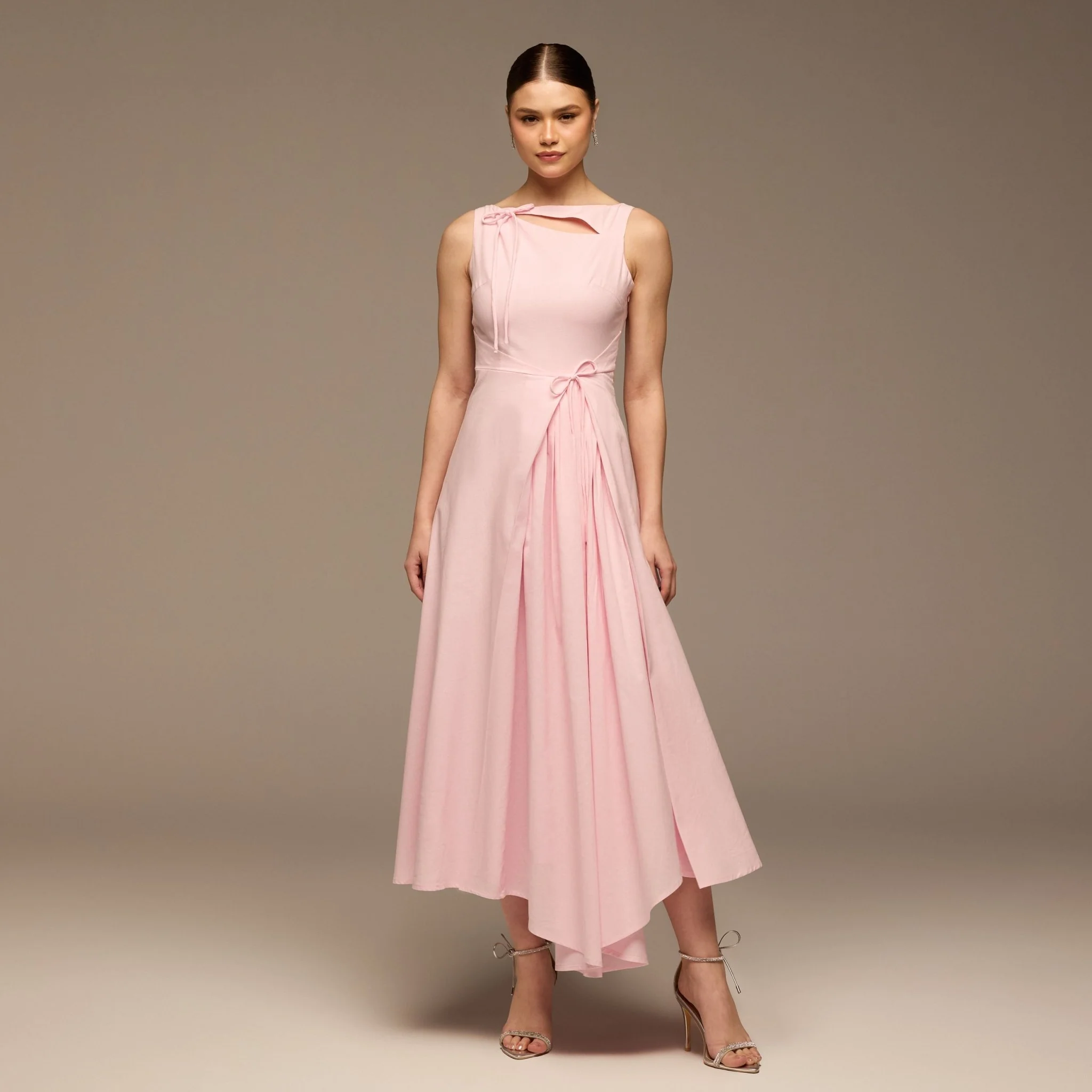 Pink Sleeveless Midi Dress Knot Details