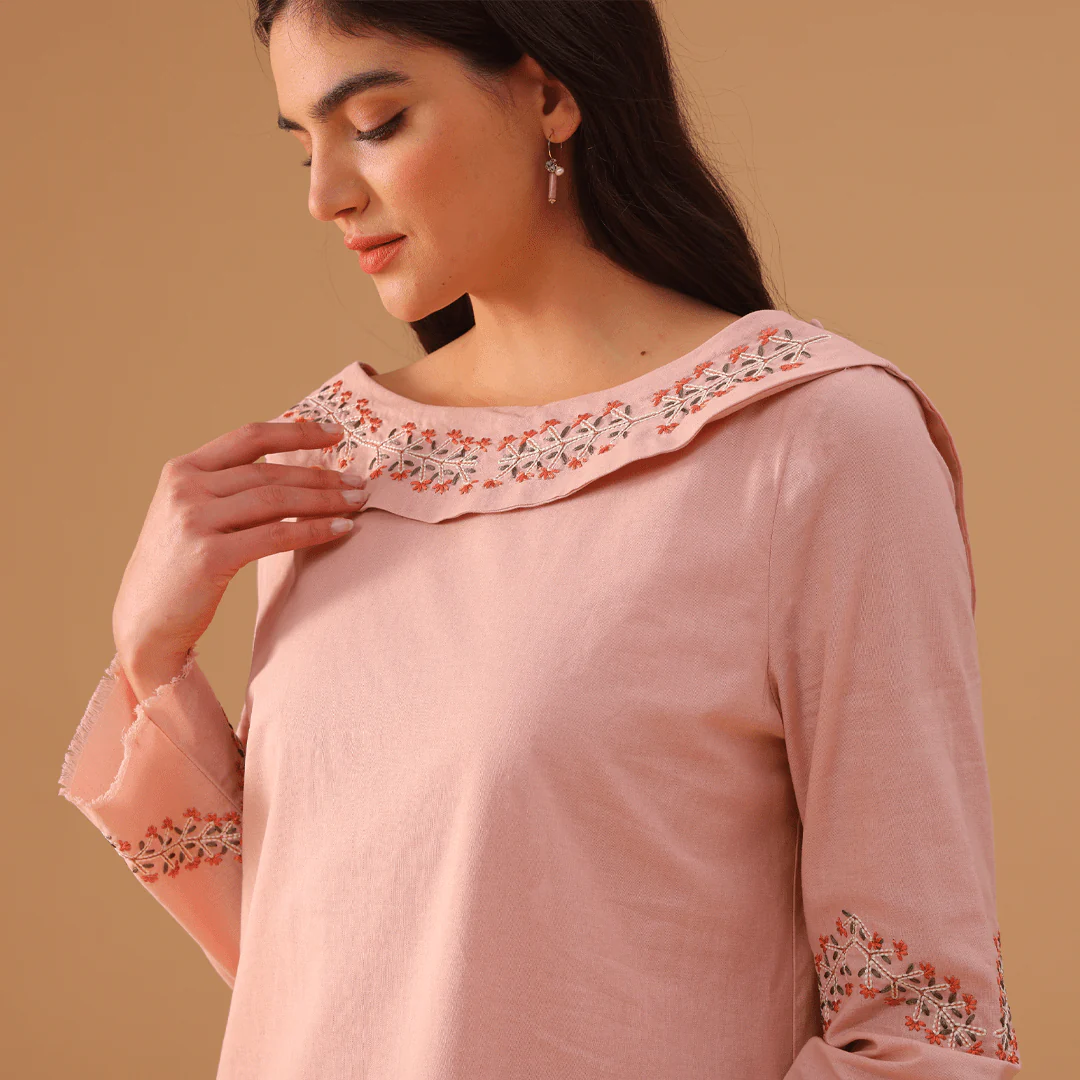 Pink Linen Dress with Embroidered Sleeves - Image 3