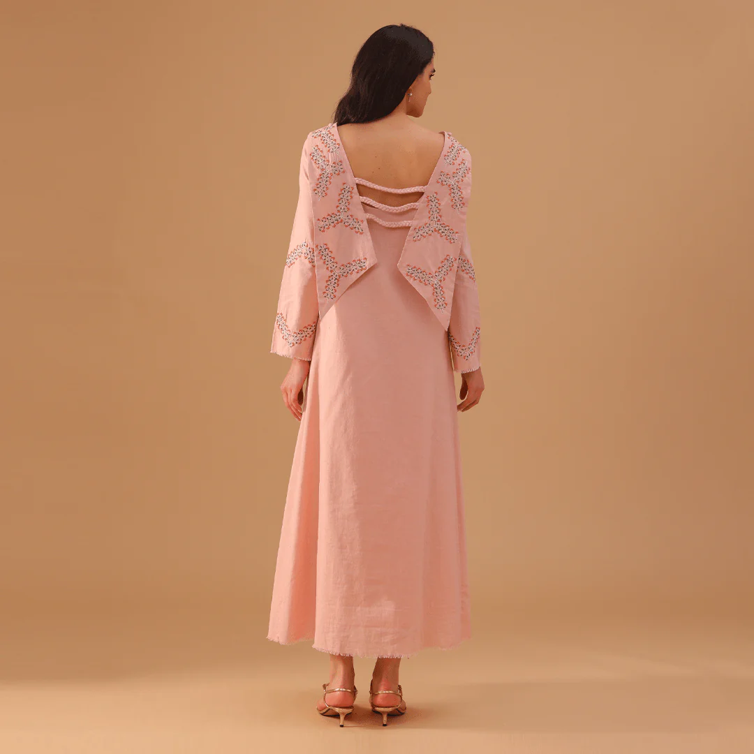 Pink Linen Dress with Embroidered Sleeves - Image 4