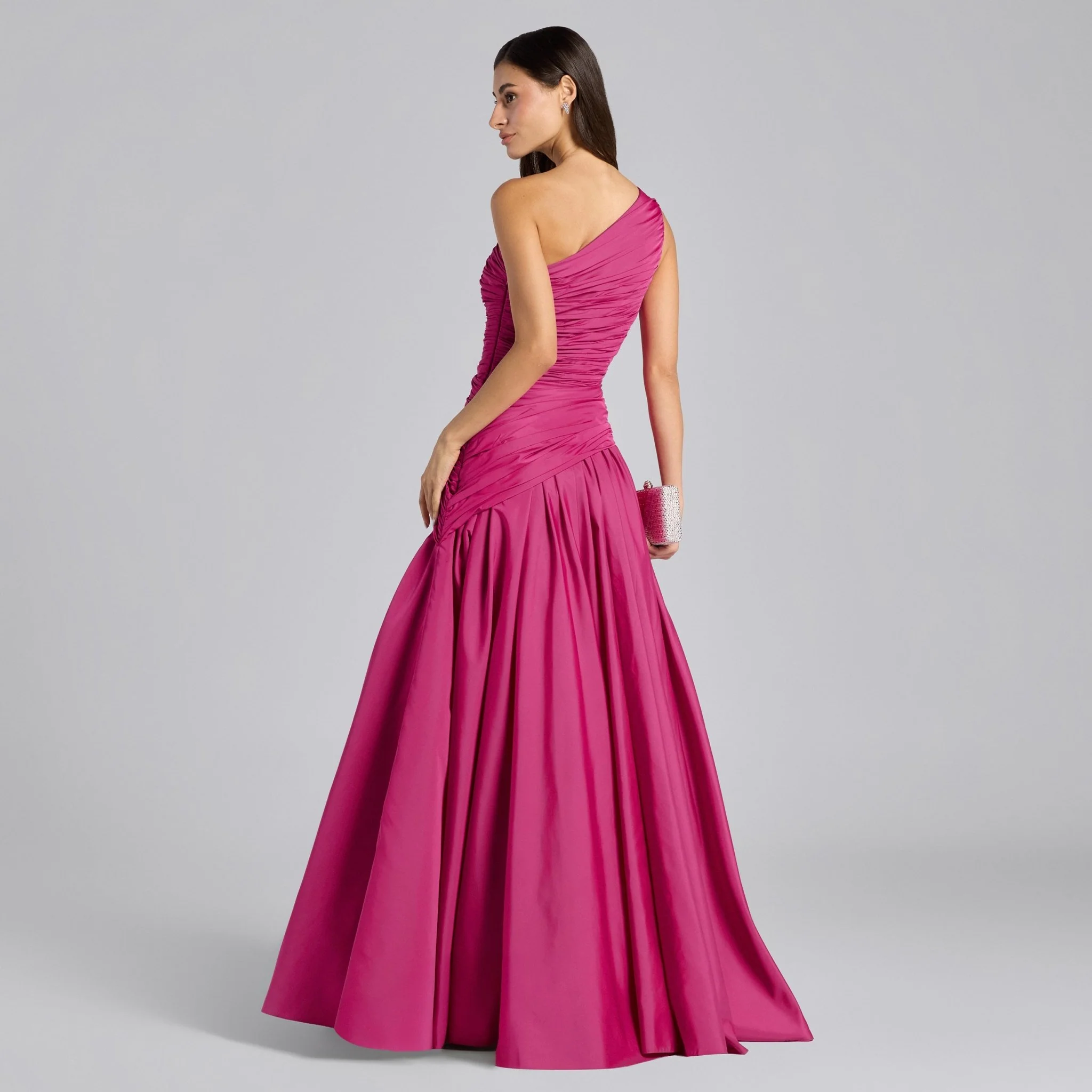 Pink One Shoulder Ruched Gown - Image 4