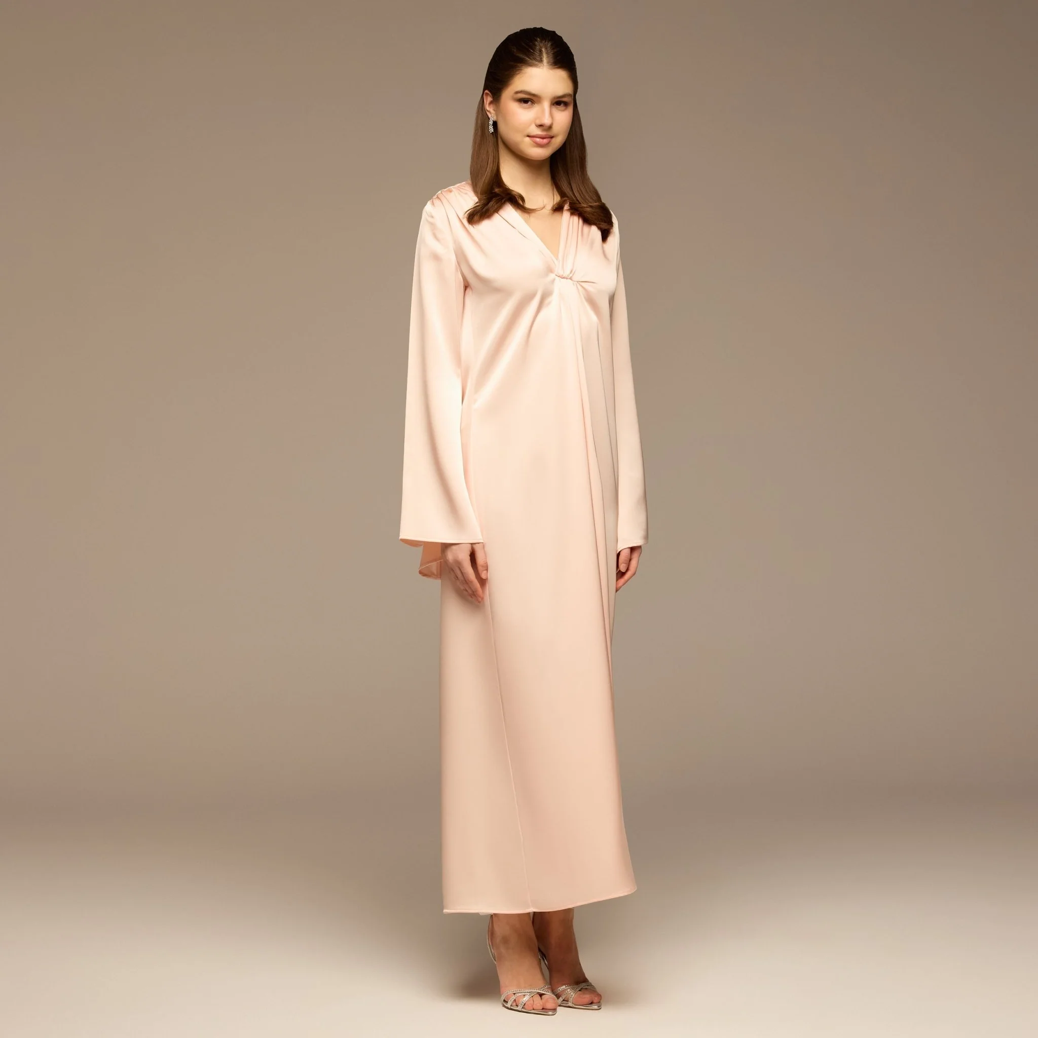Pink V-Neck Flared Sleeve Satin Kaftan - Image 2