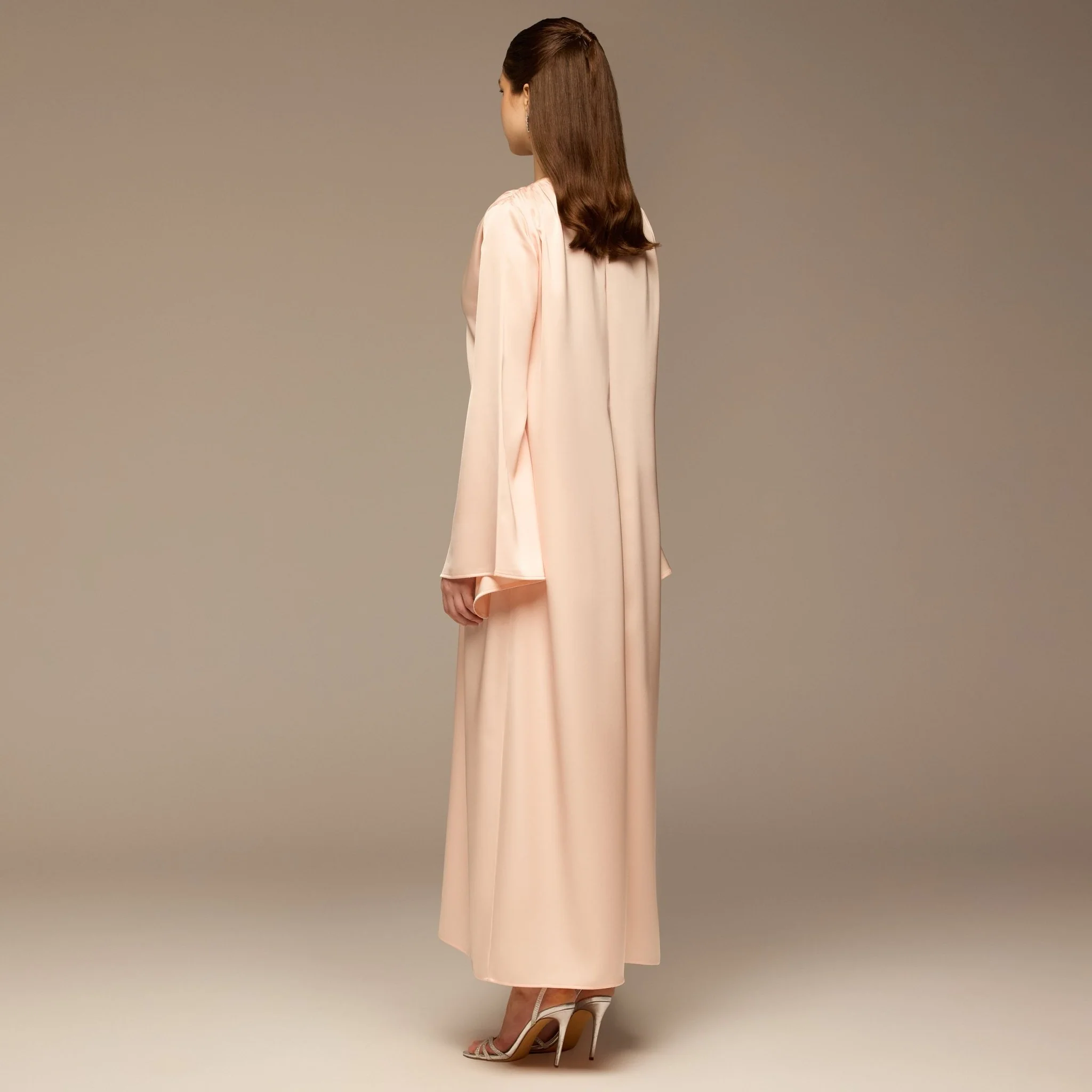 Pink V-Neck Flared Sleeve Satin Kaftan - Image 4