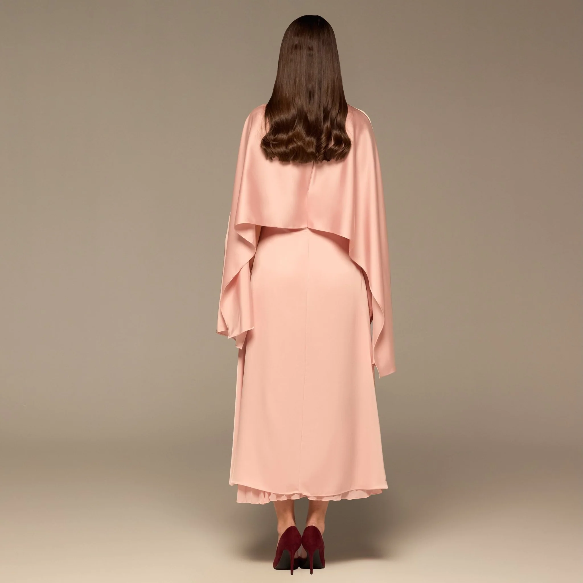 Pink Satin Dress with Cape Sleeves - Image 4