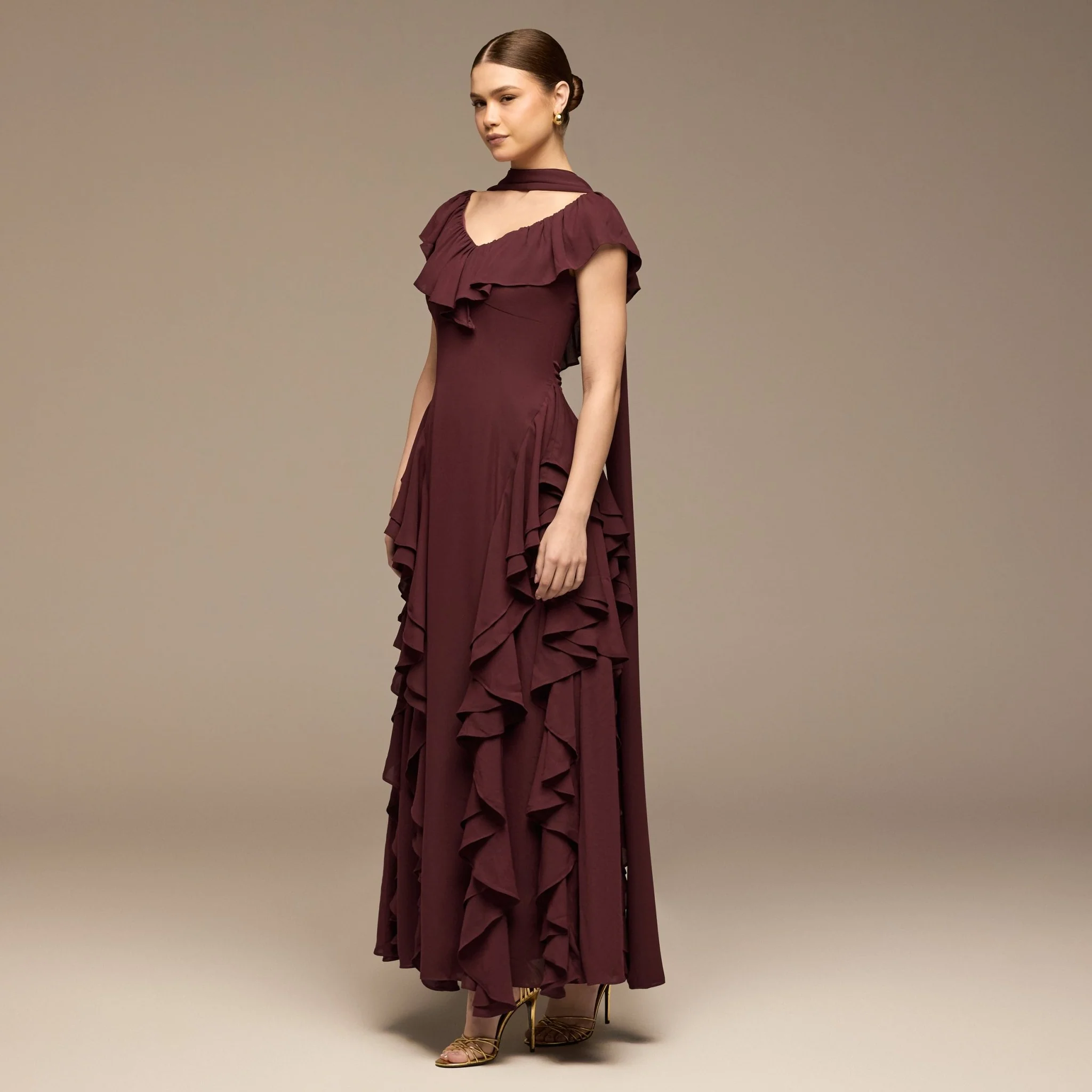 Burgundy Ruffle Chiffon Maxi Dress - Image 2