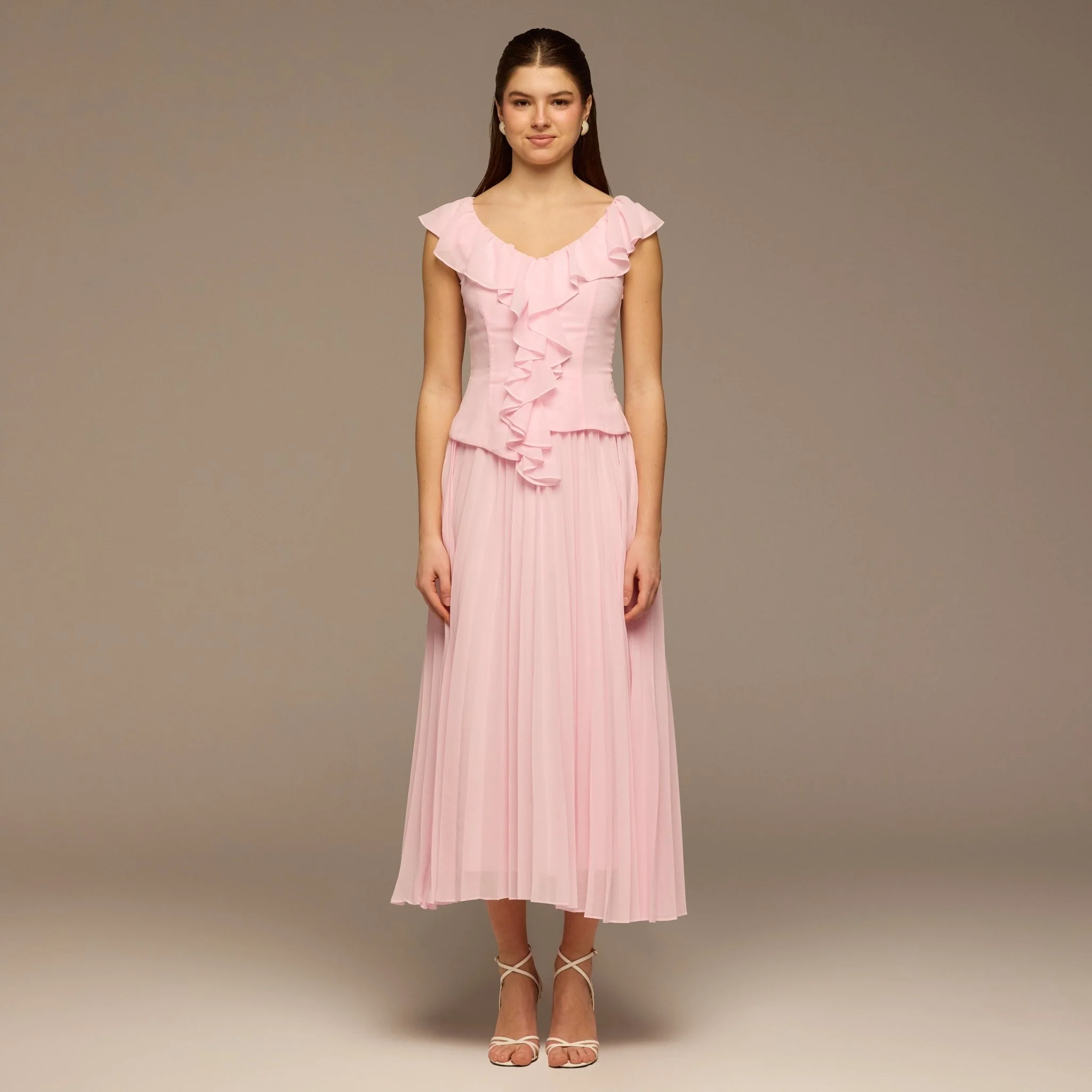Pink Ruffle Neck Pleated Chiffon Dress