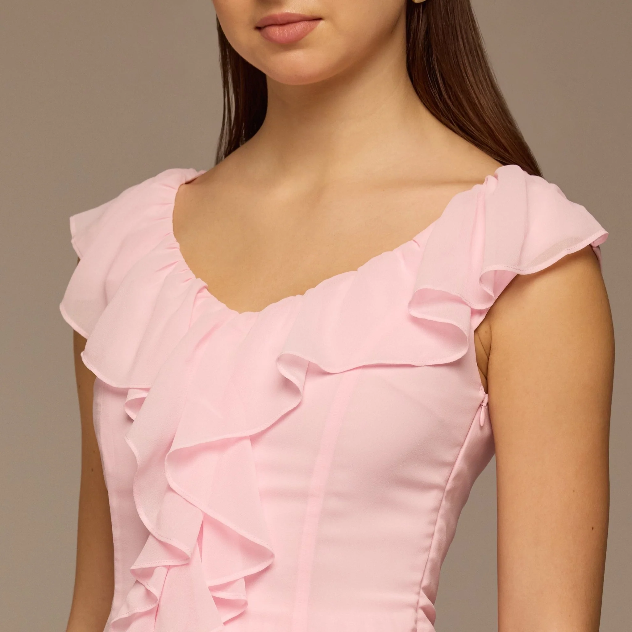 Pink Ruffle Neck Pleated Chiffon Dress - Image 3