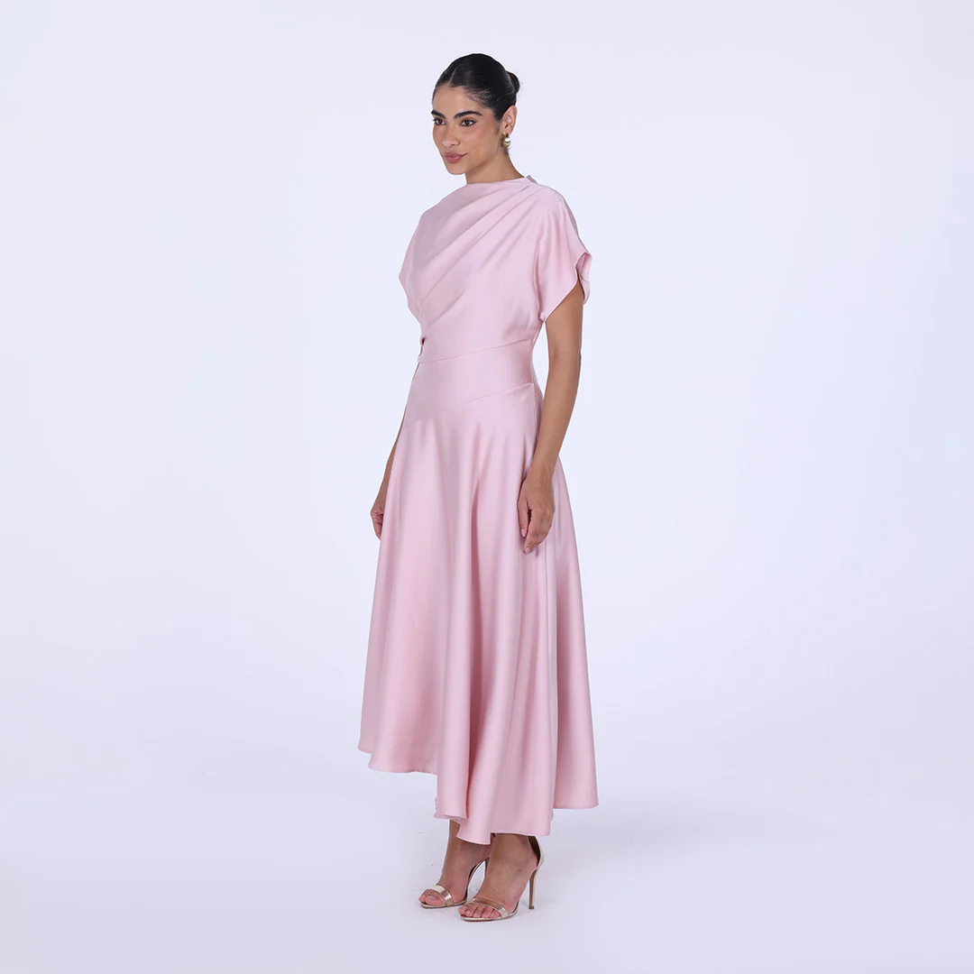 Pink Short Sleeve Asymmetric Satin Dress - Image 2