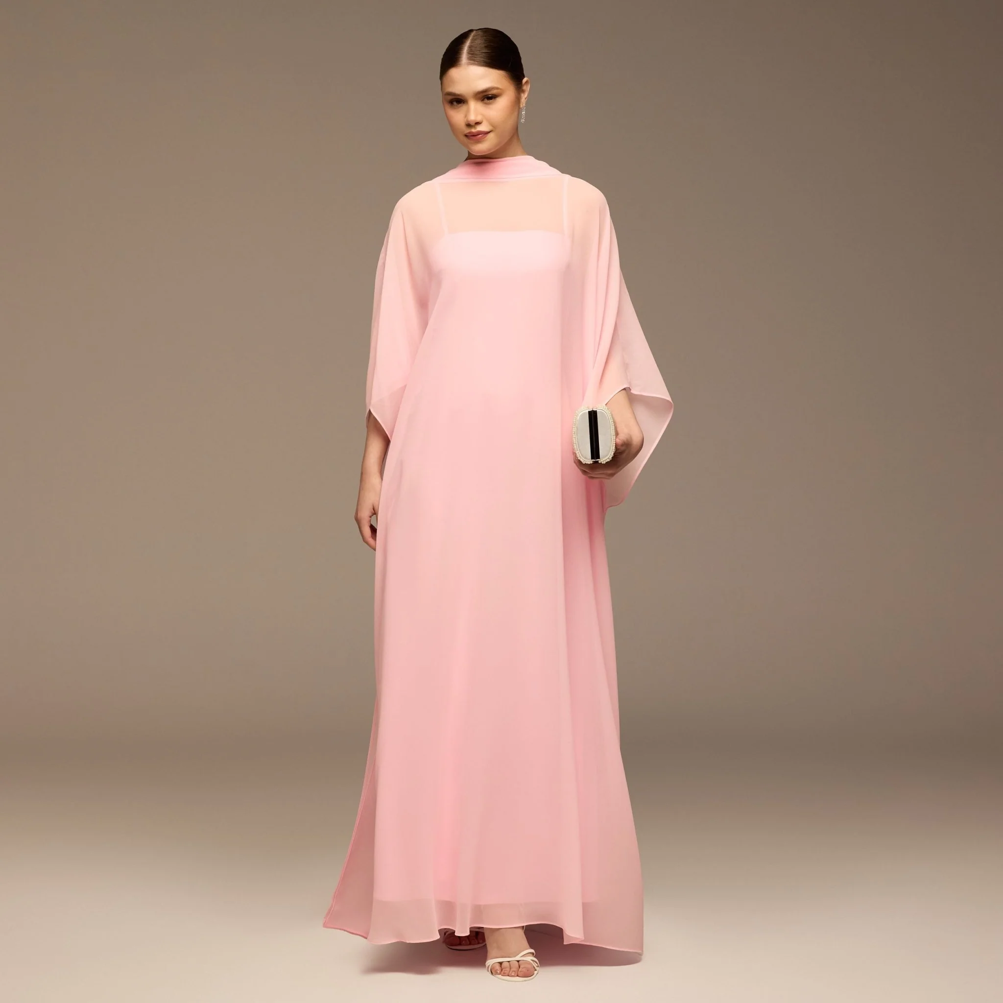 Pink Spaghetti Strap Dress with Sheer Chiffon Cape