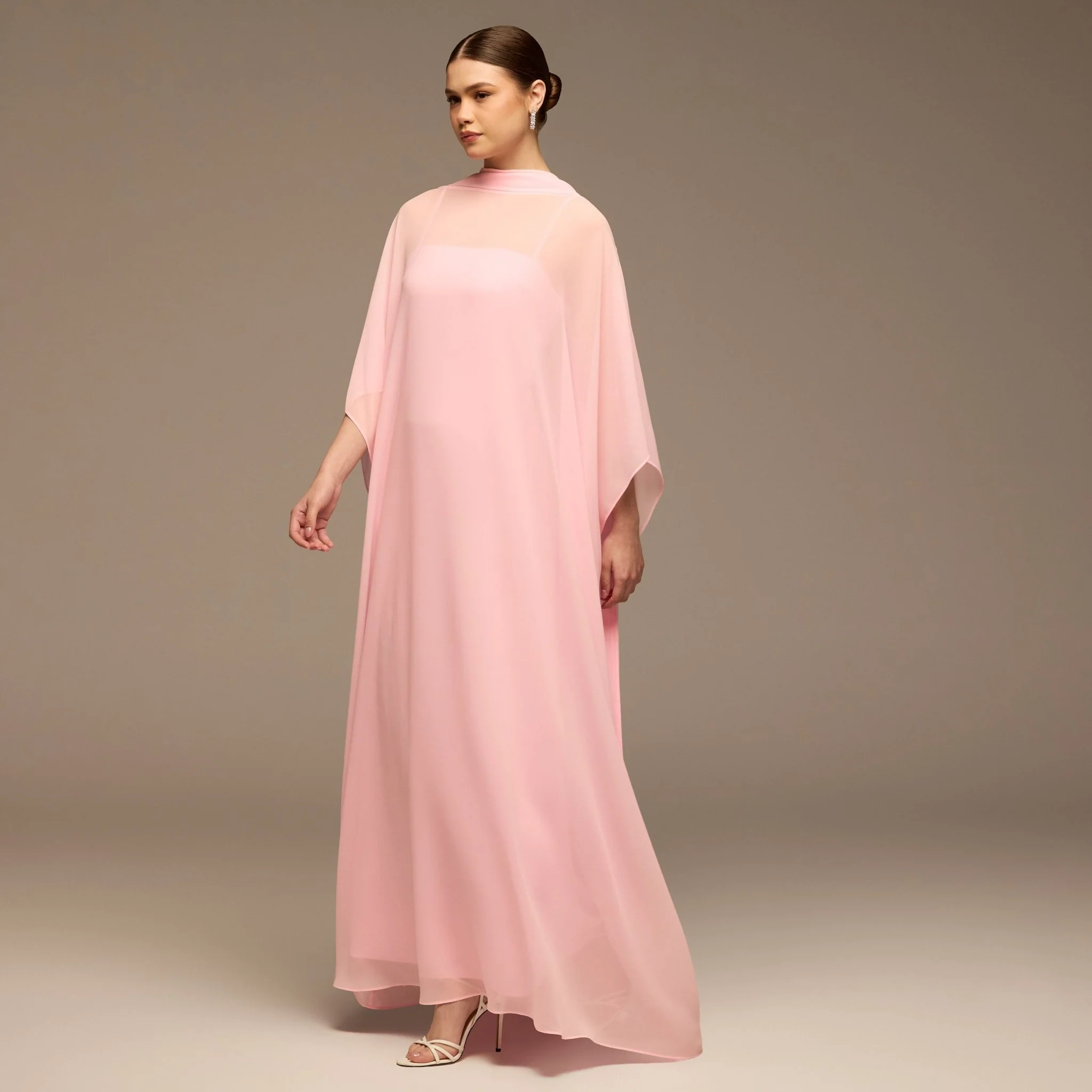 Pink Spaghetti Strap Dress with Sheer Chiffon Cape - Image 2