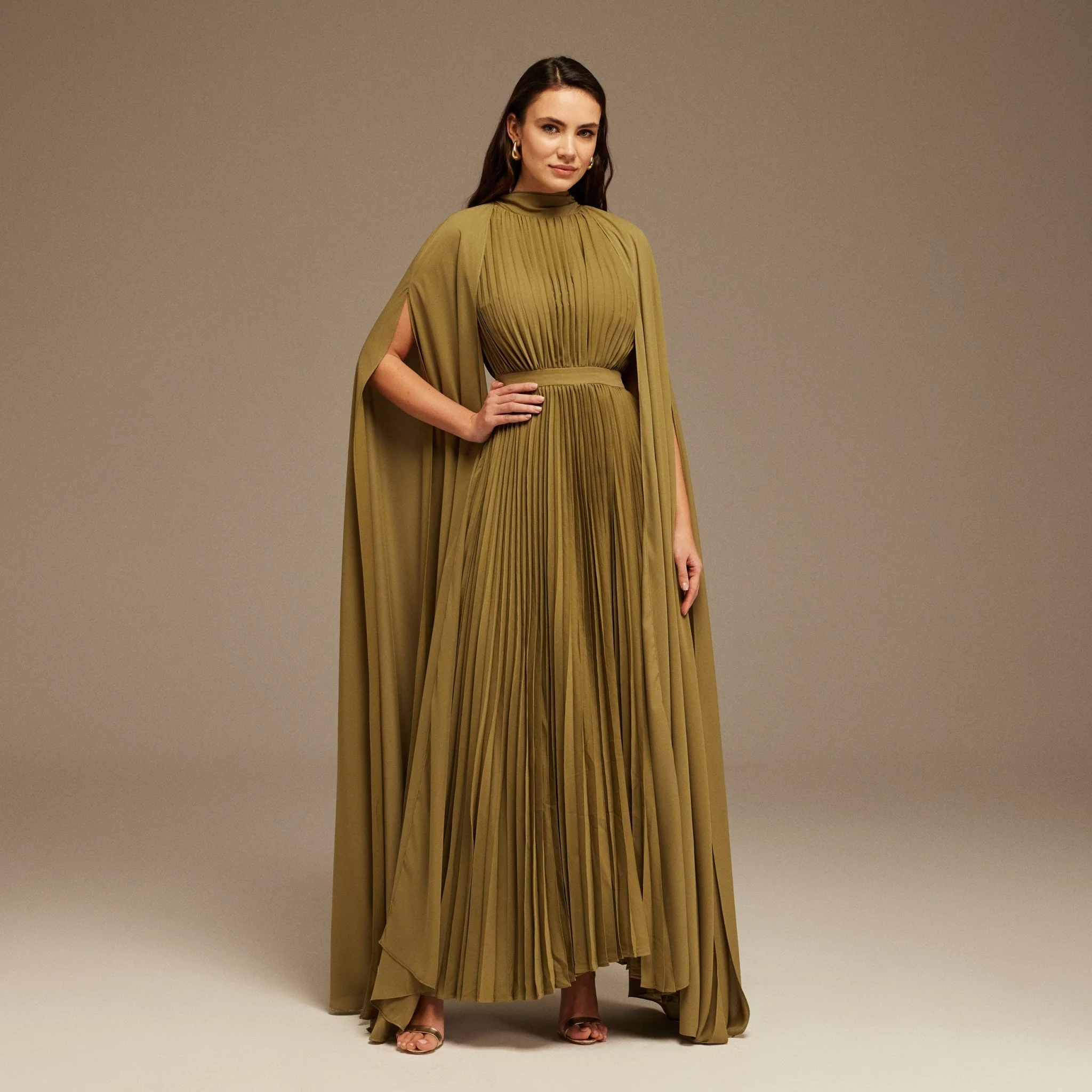Green Pleated A-line Dress with Cape Sleeves and High Neck Scarf