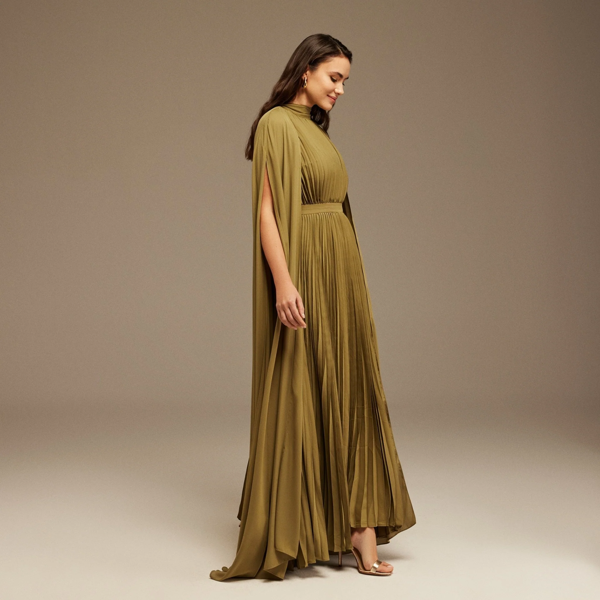 Green Pleated A-line Dress with Cape Sleeves and High Neck Scarf - Image 2