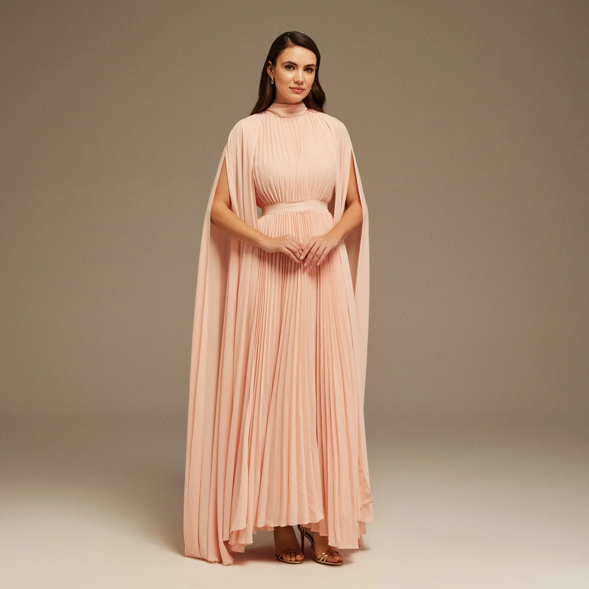 Pink Pleated A-line Dress with Cape Sleeves and High Neck Scarf - Image 2