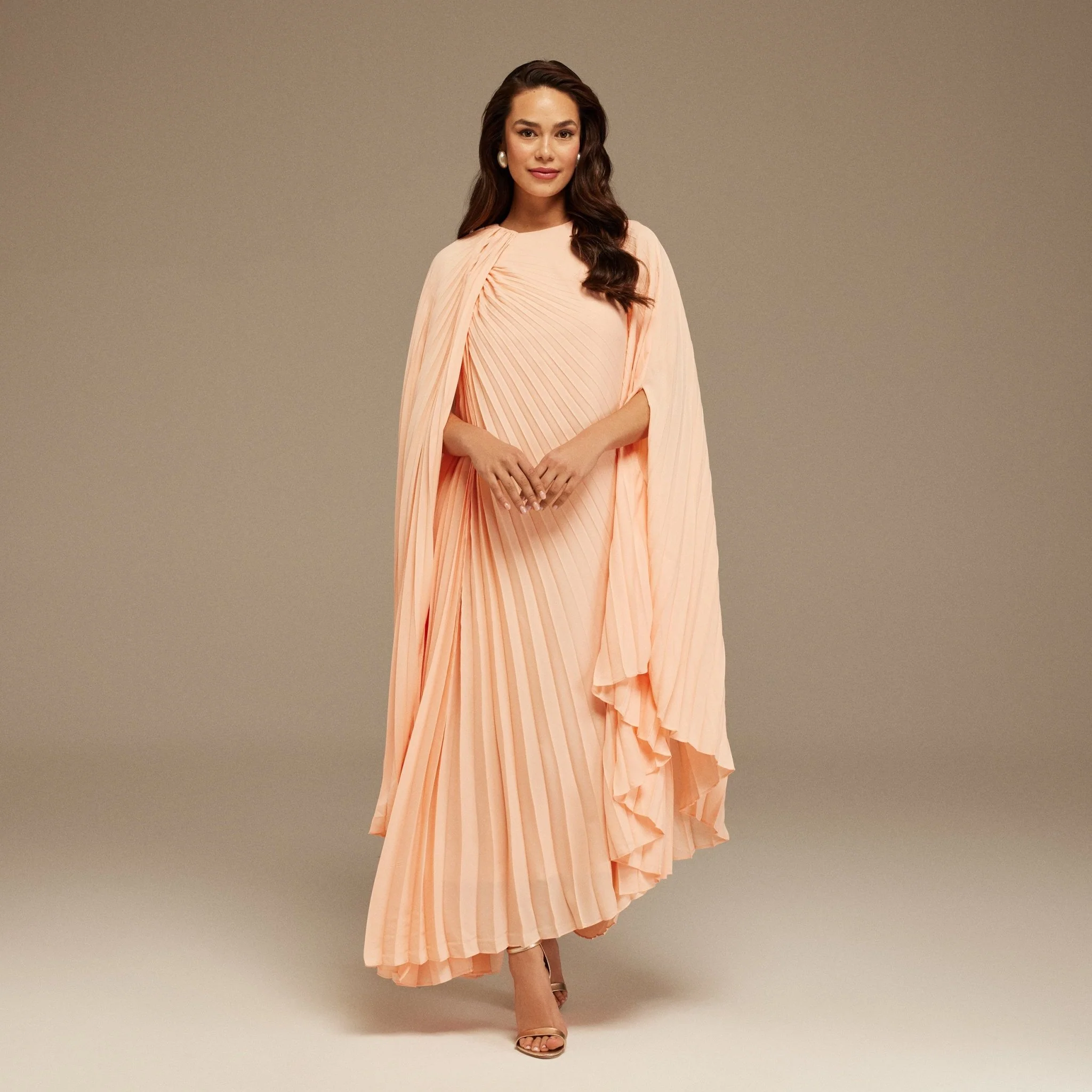 Pink Pleated Cape Midi Dress