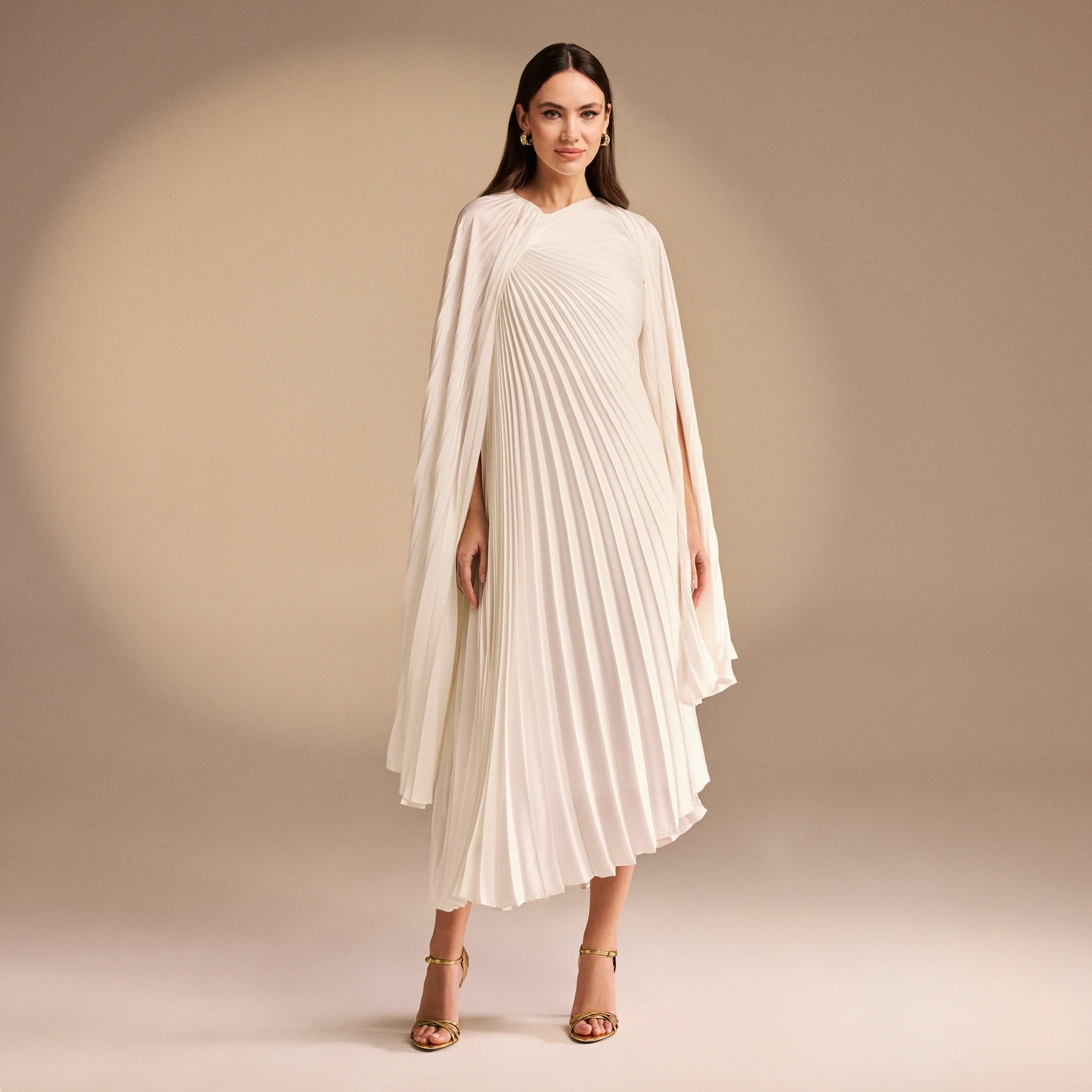 Ivory Cape Pleated Satin Midi Dress
