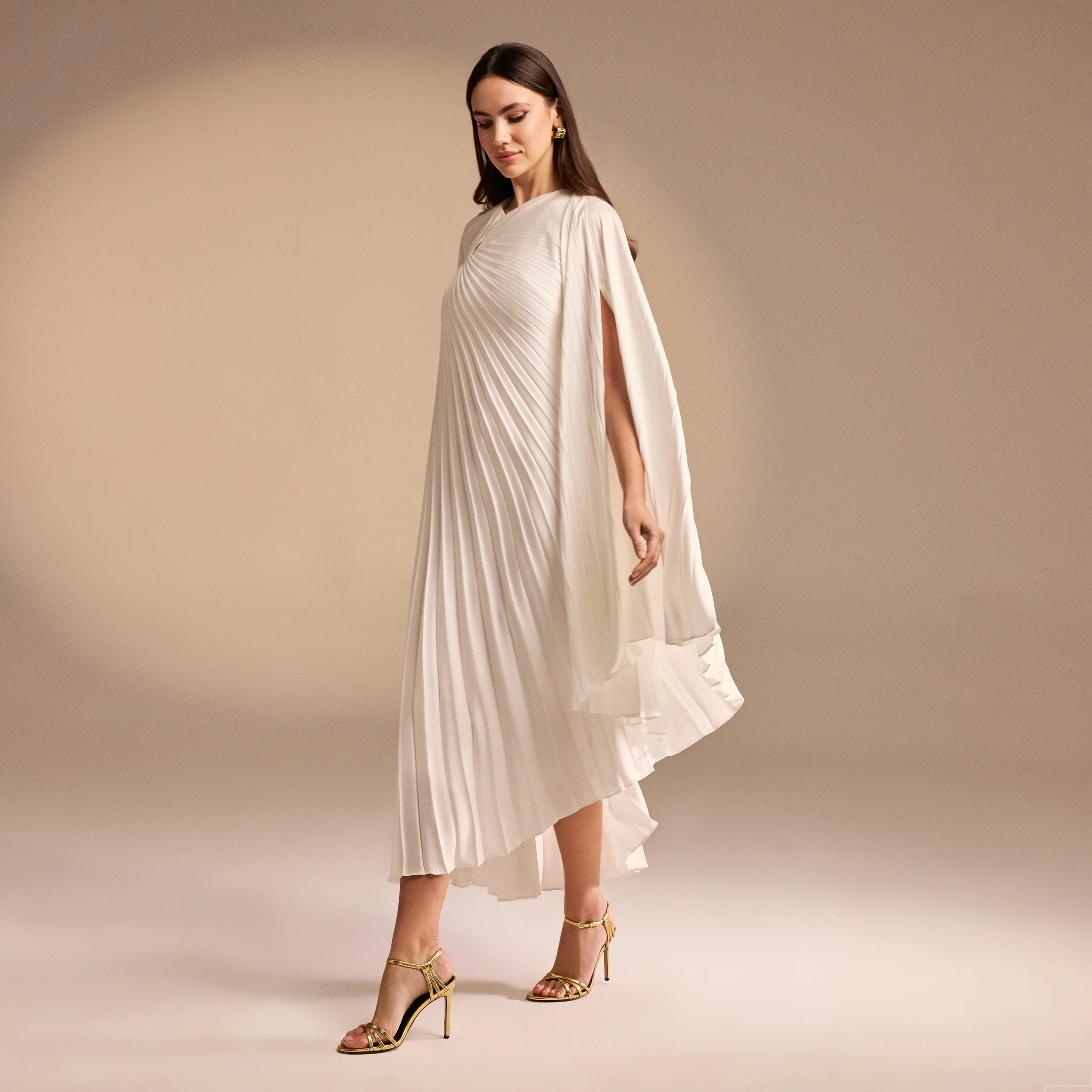 Ivory Cape Pleated Satin Midi Dress - Image 2