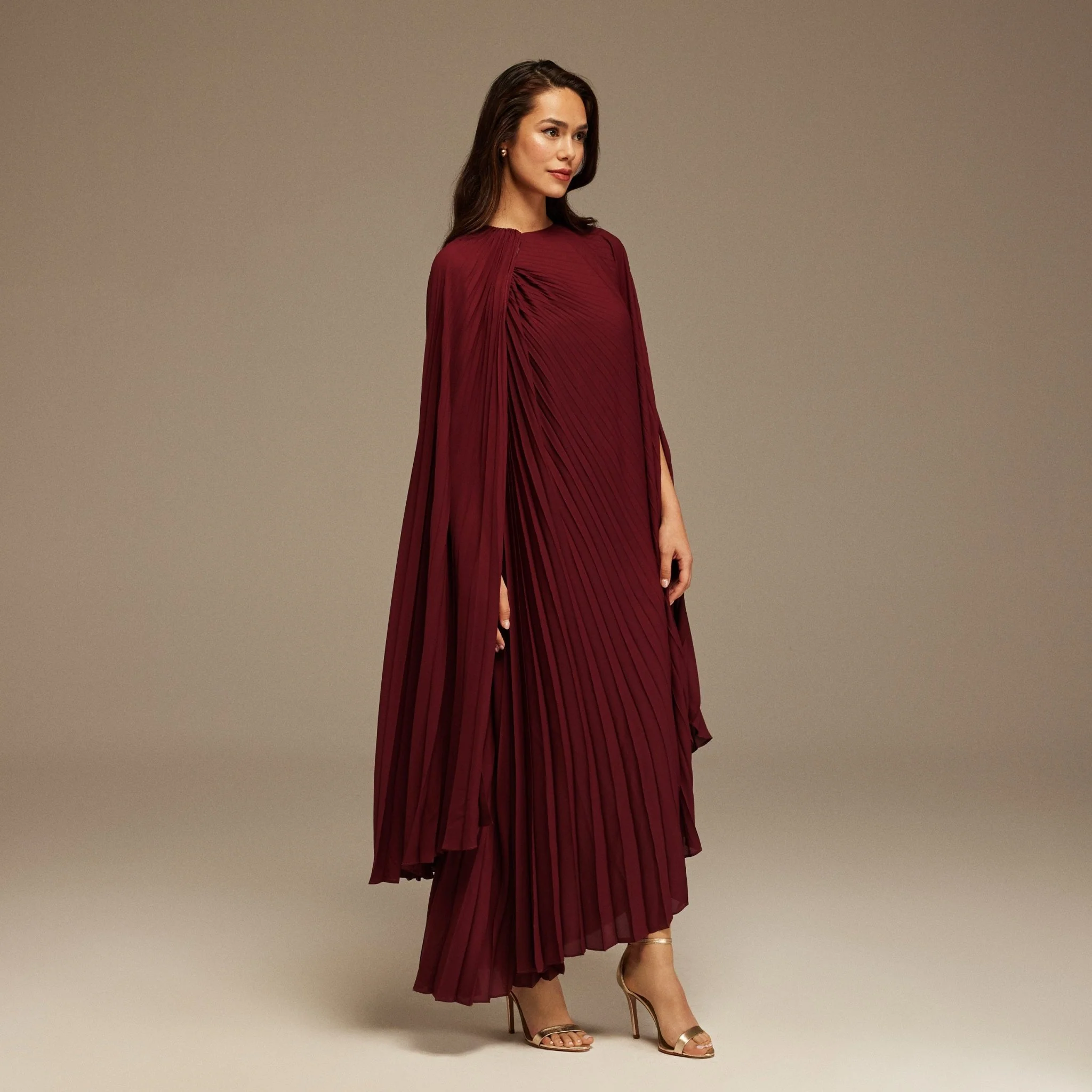 Burgundy Pleated Cape Midi Dress - Image 2