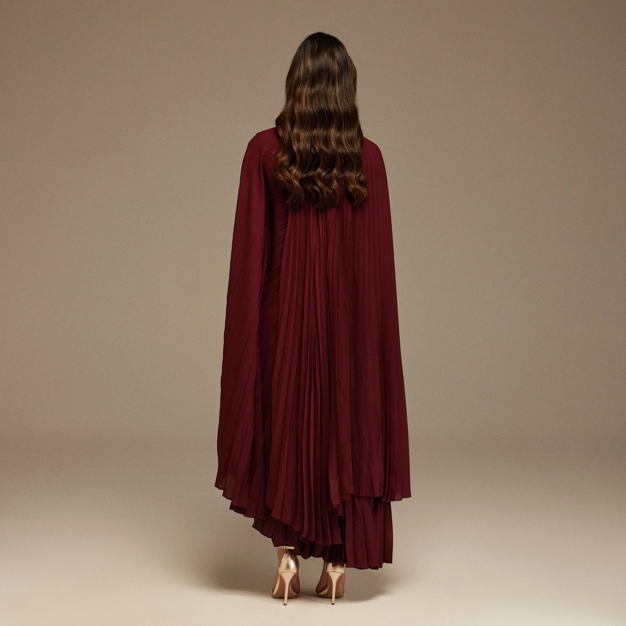 Burgundy Pleated Cape Midi Dress - Image 4