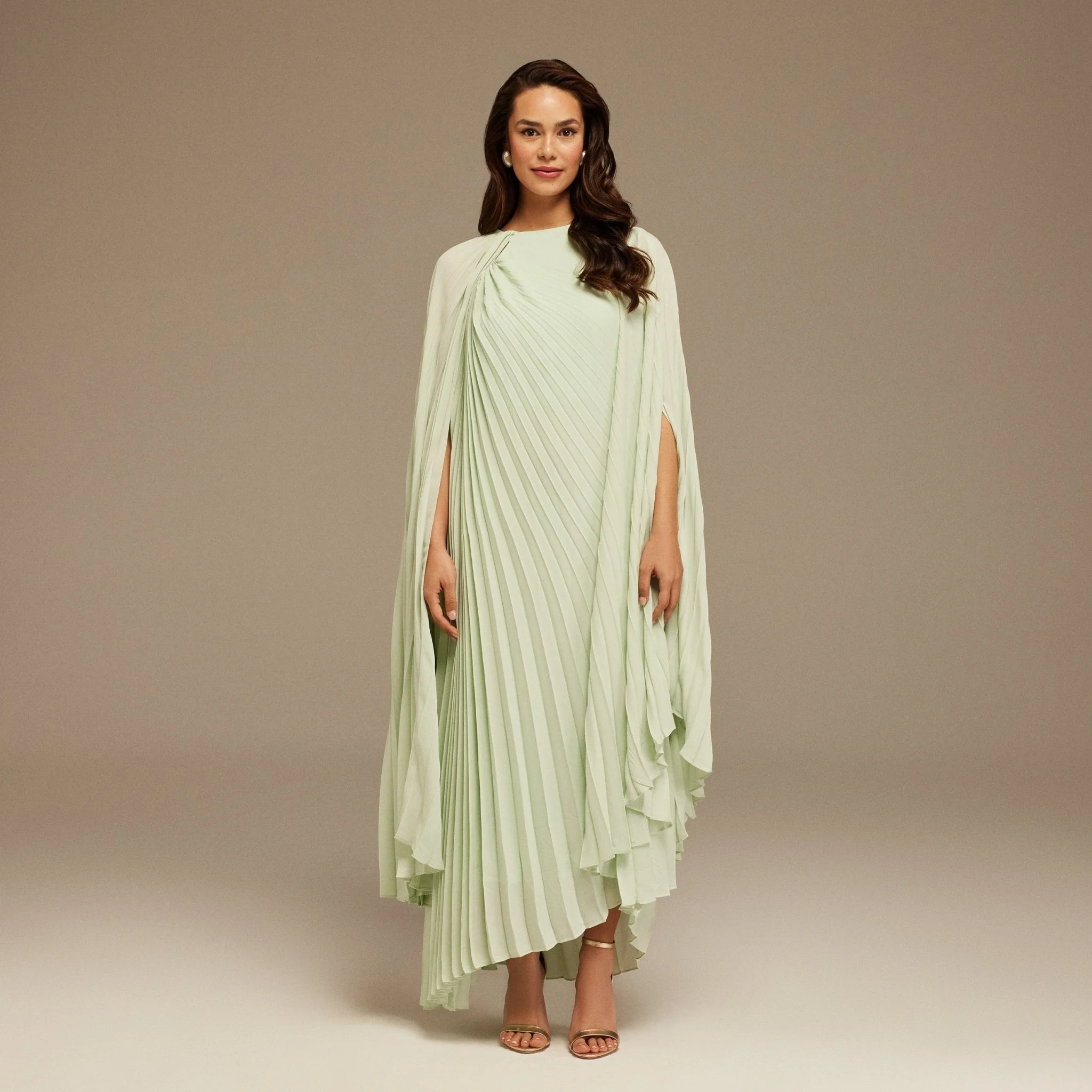 Green Pleated Cape Midi Dress