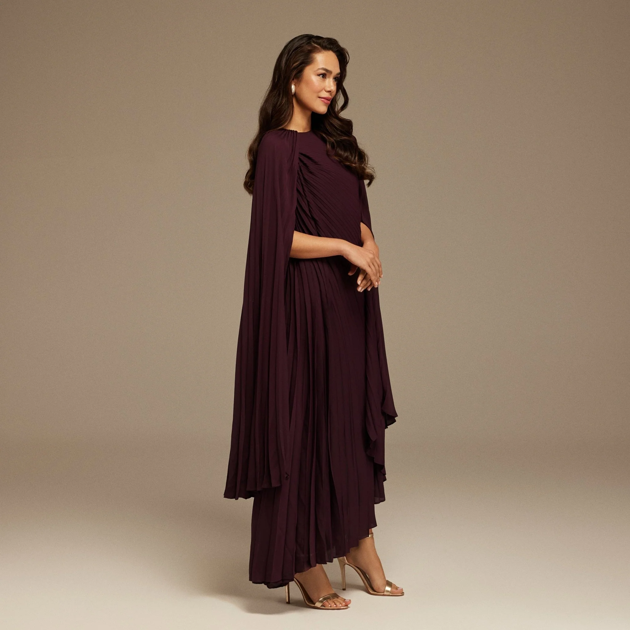 Purple Pleated Cape Midi Dress - Image 2