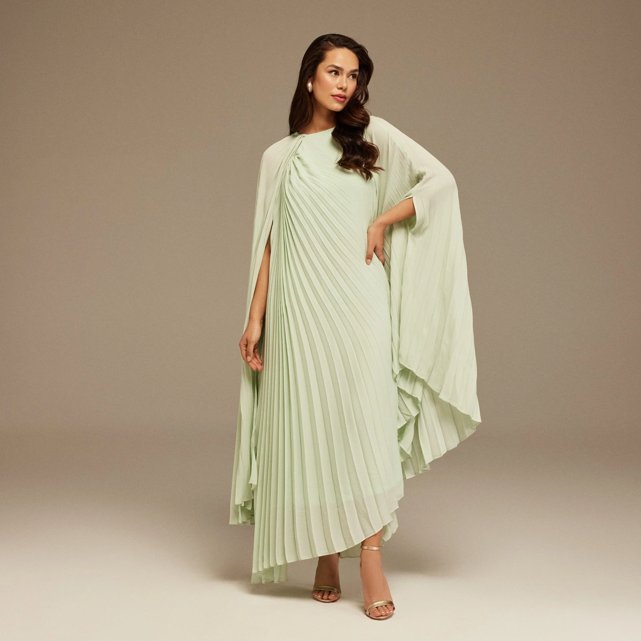 Green Pleated Cape Midi Dress - Image 2