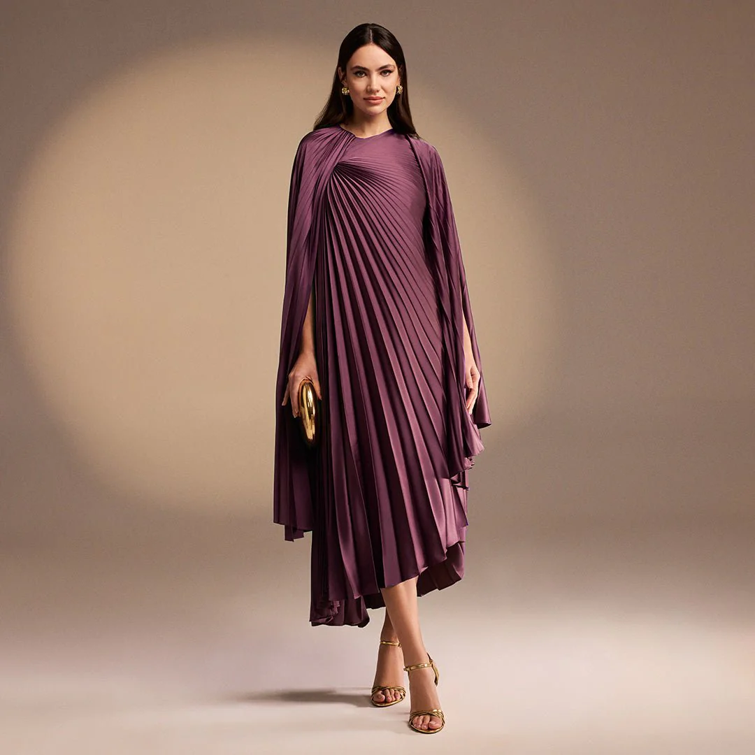 Purple Cape Pleated Satin Midi Dress
