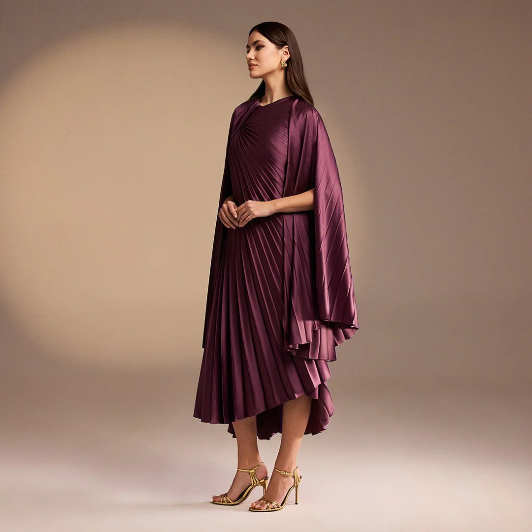 Purple Cape Pleated Satin Midi Dress - Image 2
