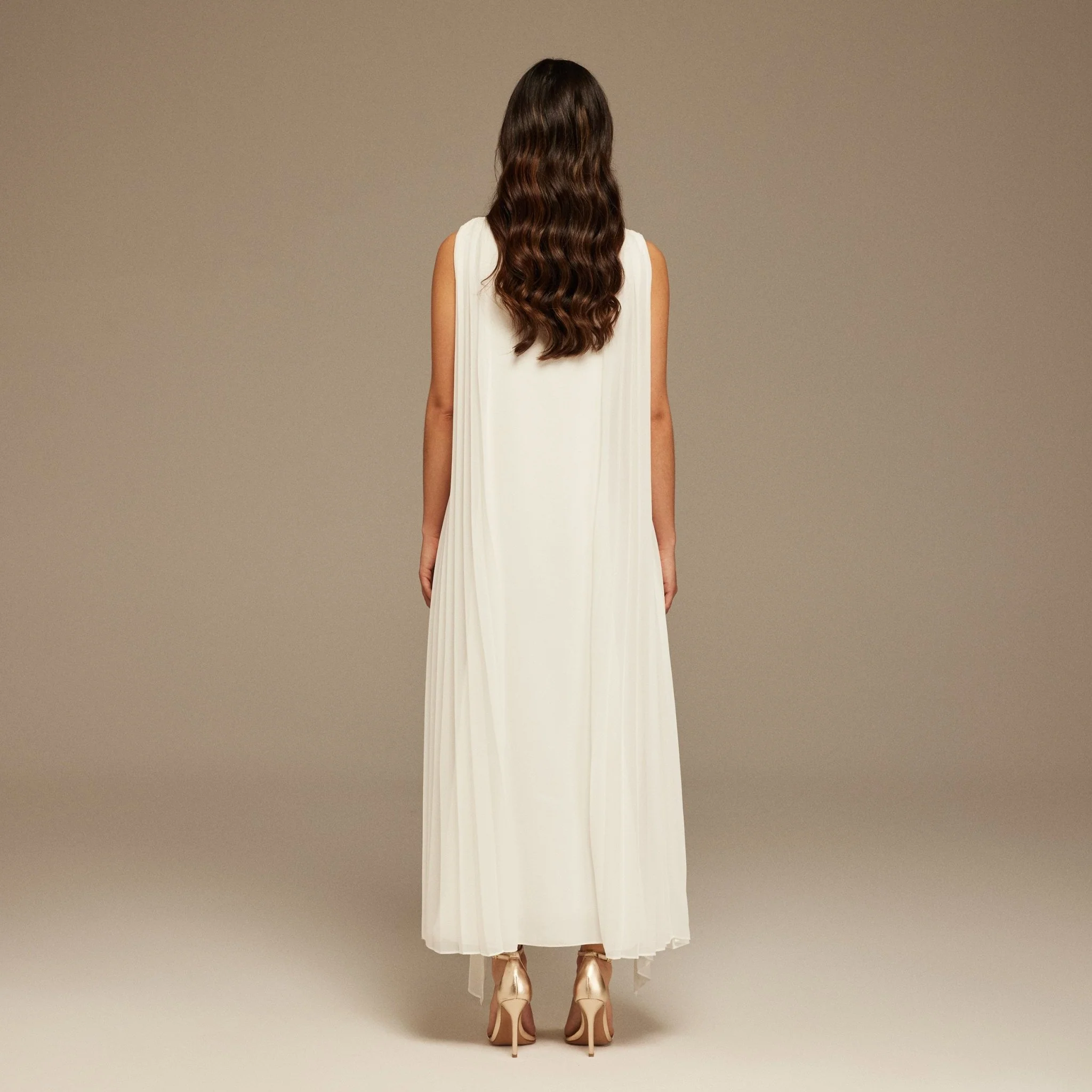 Ivory Pleated cape  Sleeveless Crepe dress - Image 4