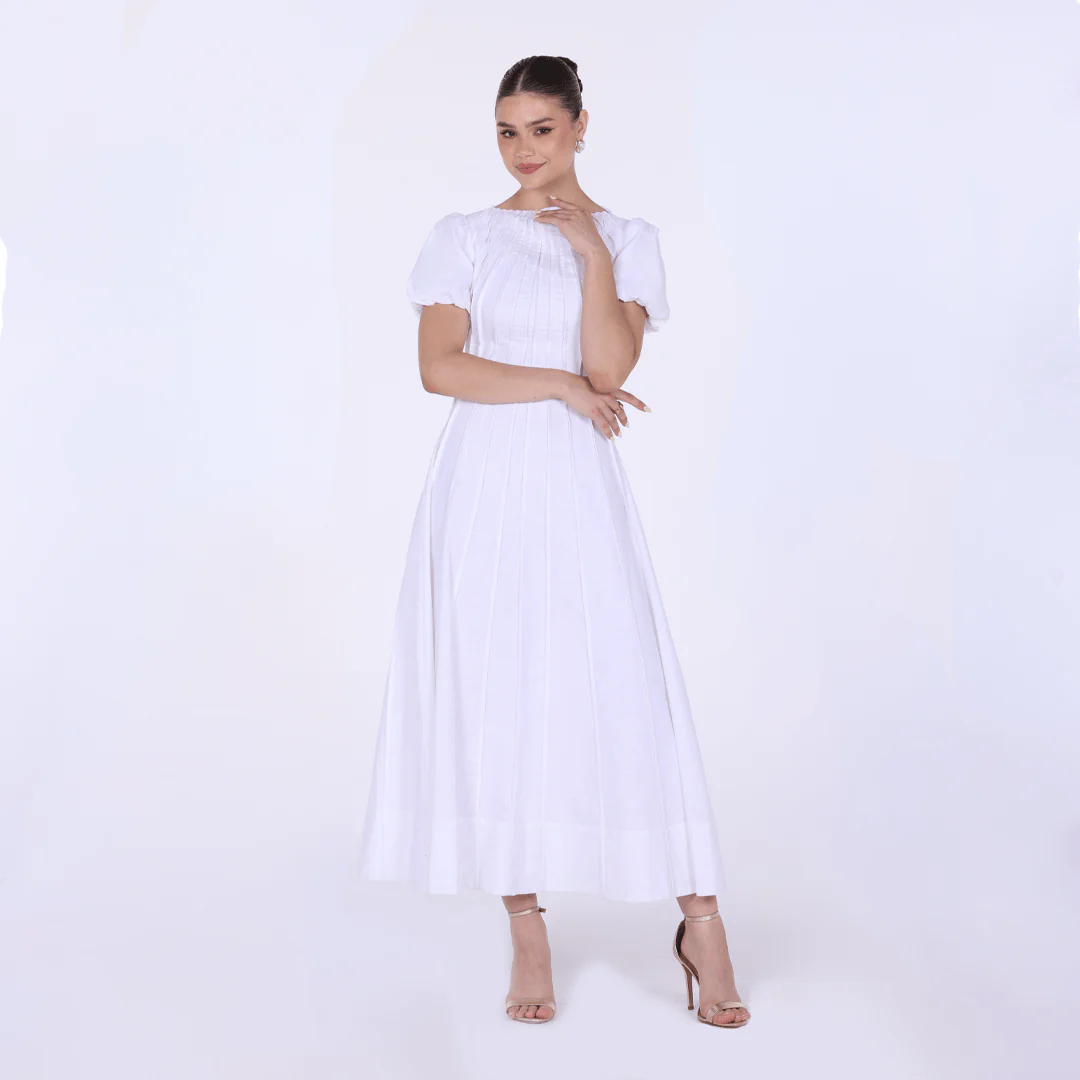 Pleated Linen Maxi Dress with Puff Short Sleeves - Image 2