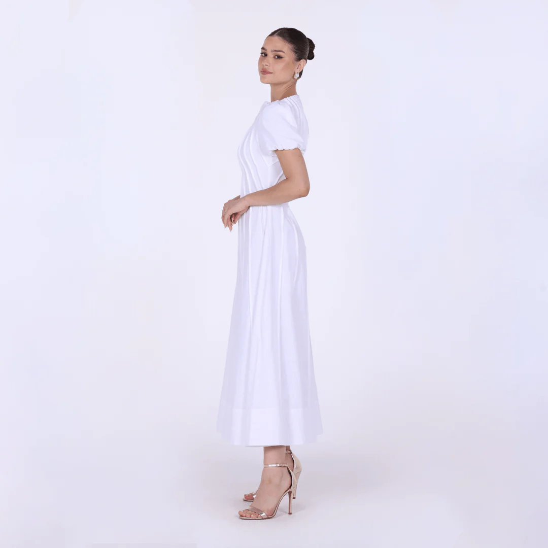 Pleated Linen Maxi Dress with Puff Short Sleeves - Image 3