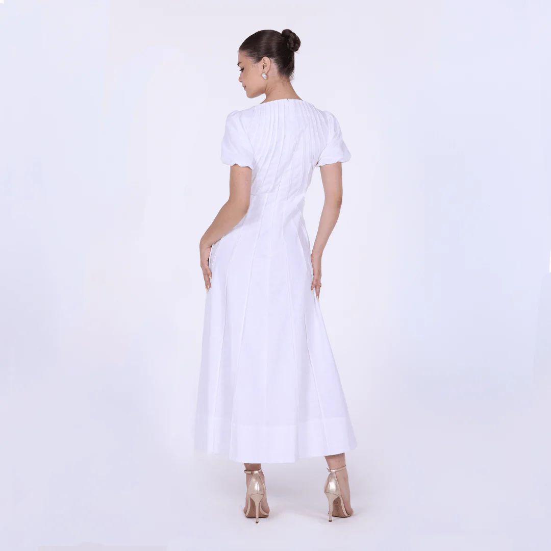 Pleated Linen Maxi Dress with Puff Short Sleeves - Image 5