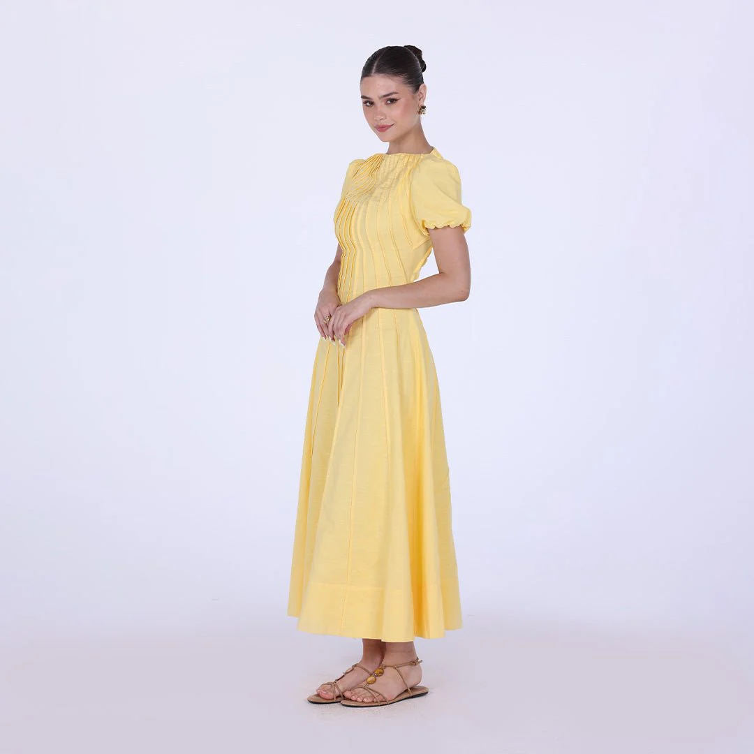 Pleated Linen Maxi Dress with Puff Short Sleeves - Image 6