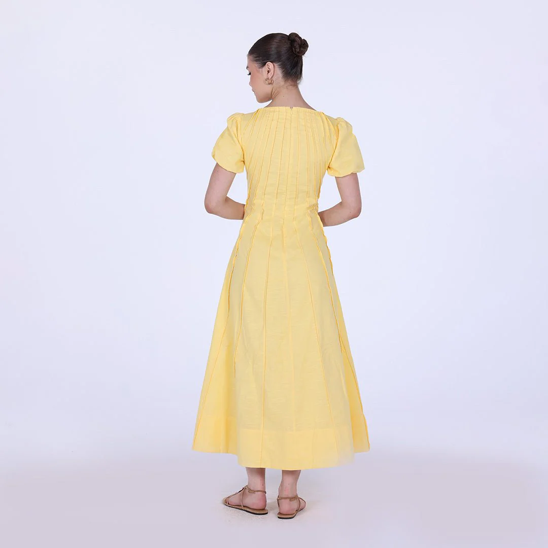 Pleated Linen Maxi Dress with Puff Short Sleeves - Image 8