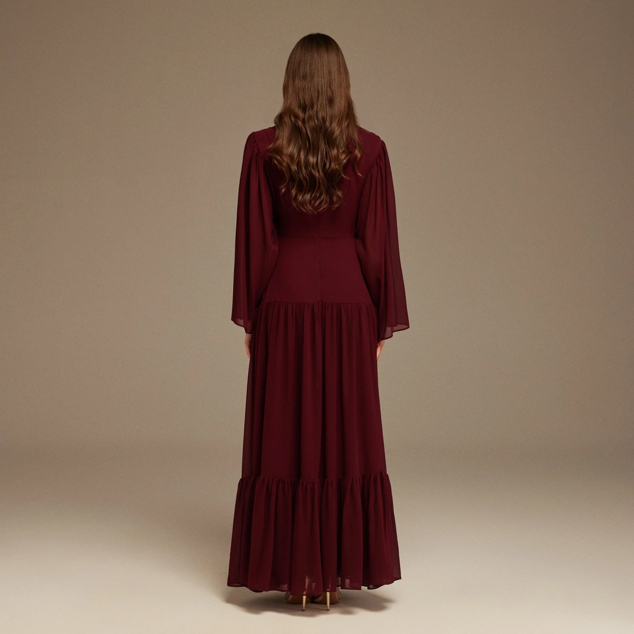 Pleated Long Sleeve Chiffon Maxi Dress - Image 4