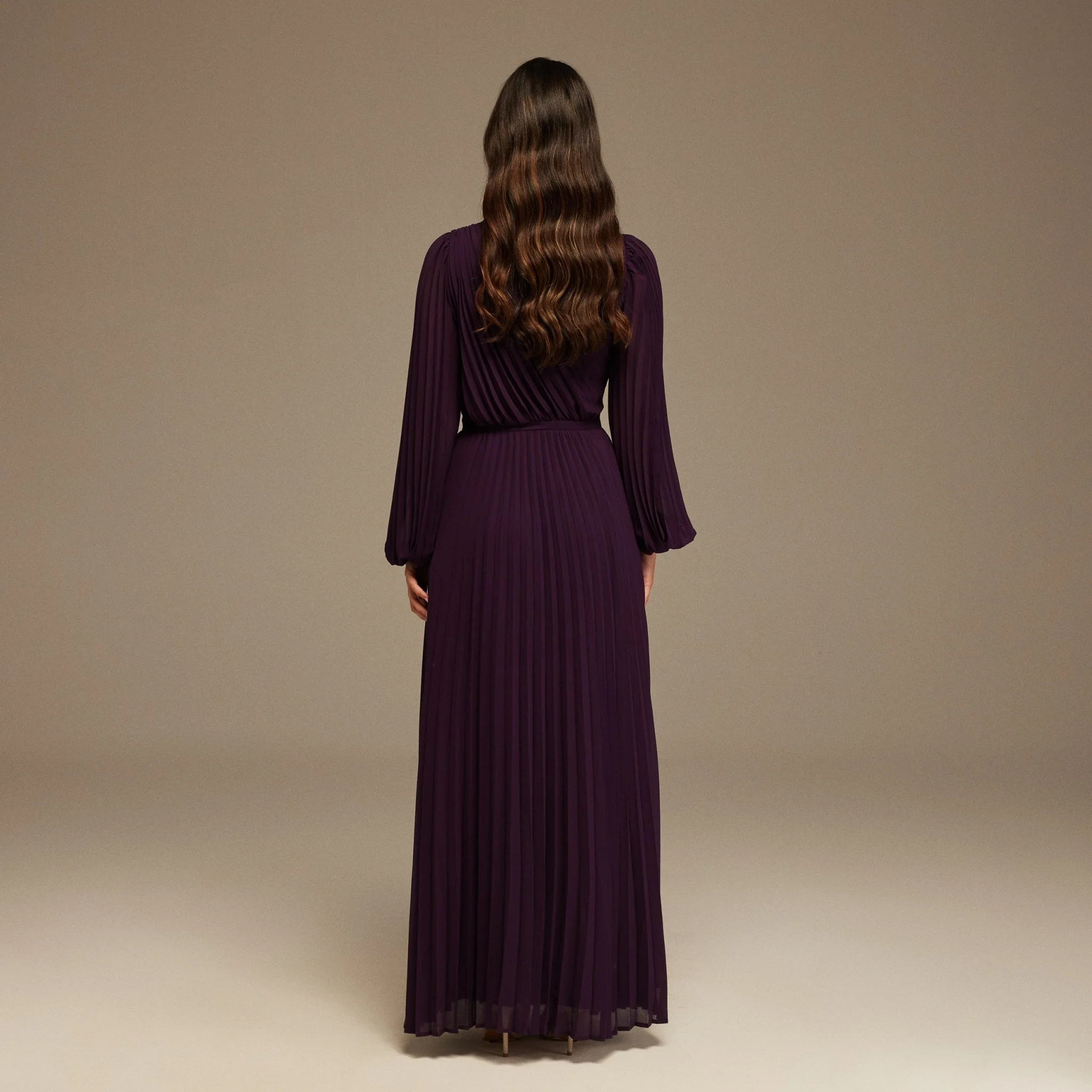 Dark Purple Pleated Long Sleeve Maxi Dress - Image 4