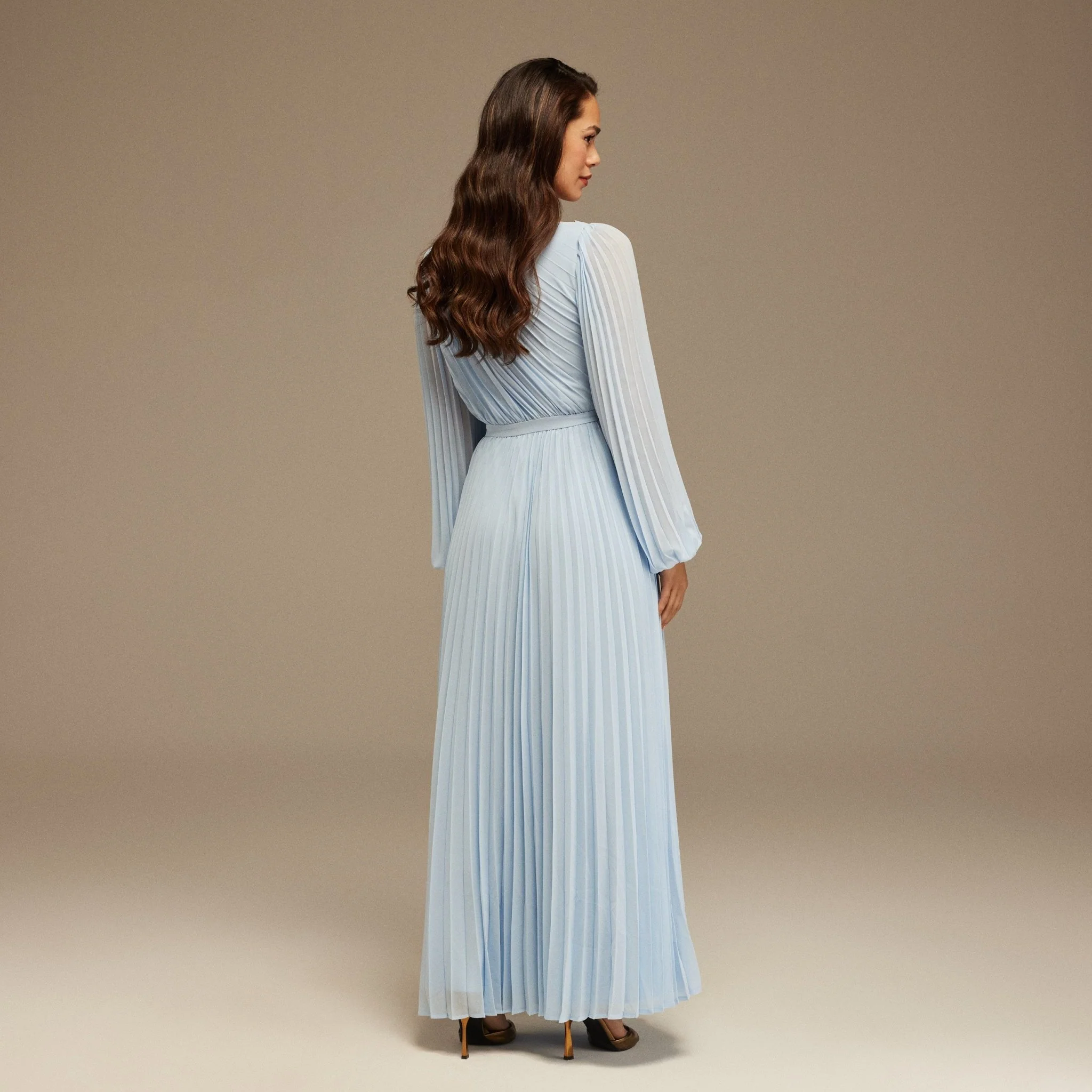 Light Blue Pleated Long Sleeve Maxi Dress - Image 4