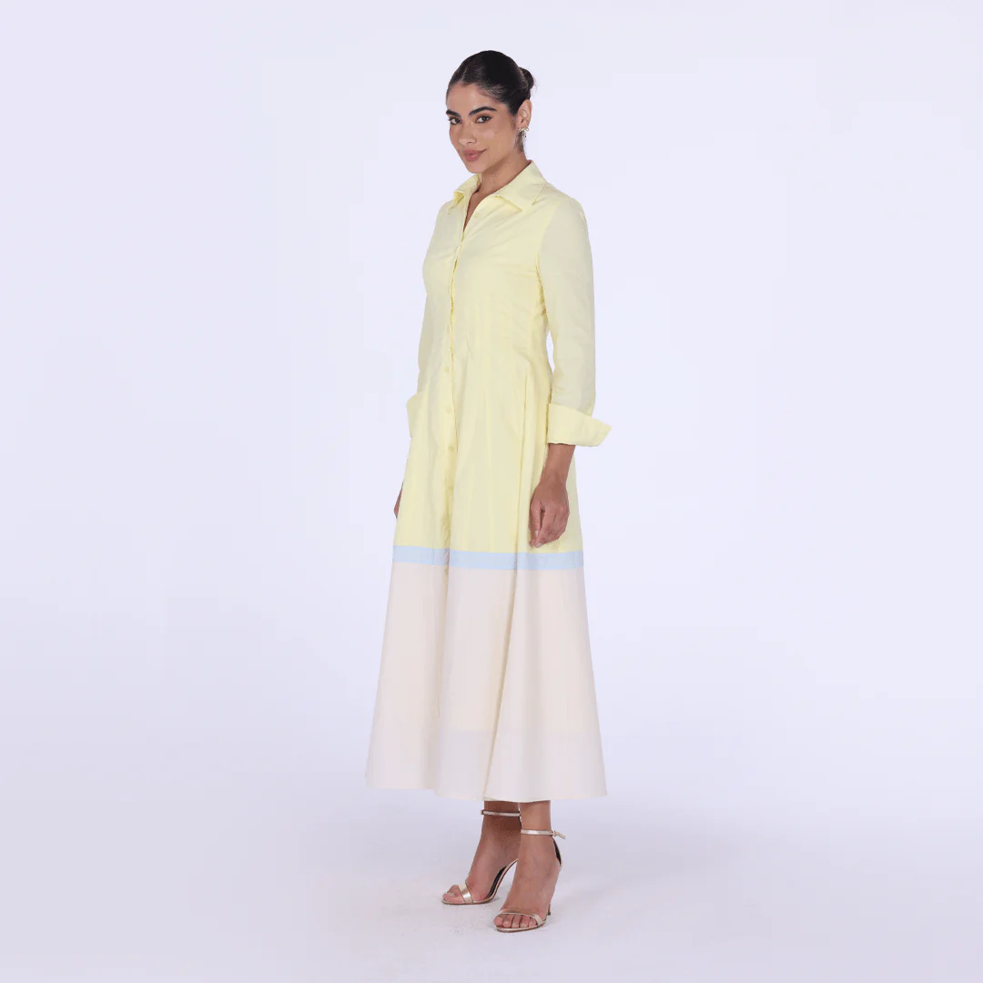 Yellow Pleated Long Sleeve Maxi Shirt Dress - Image 2