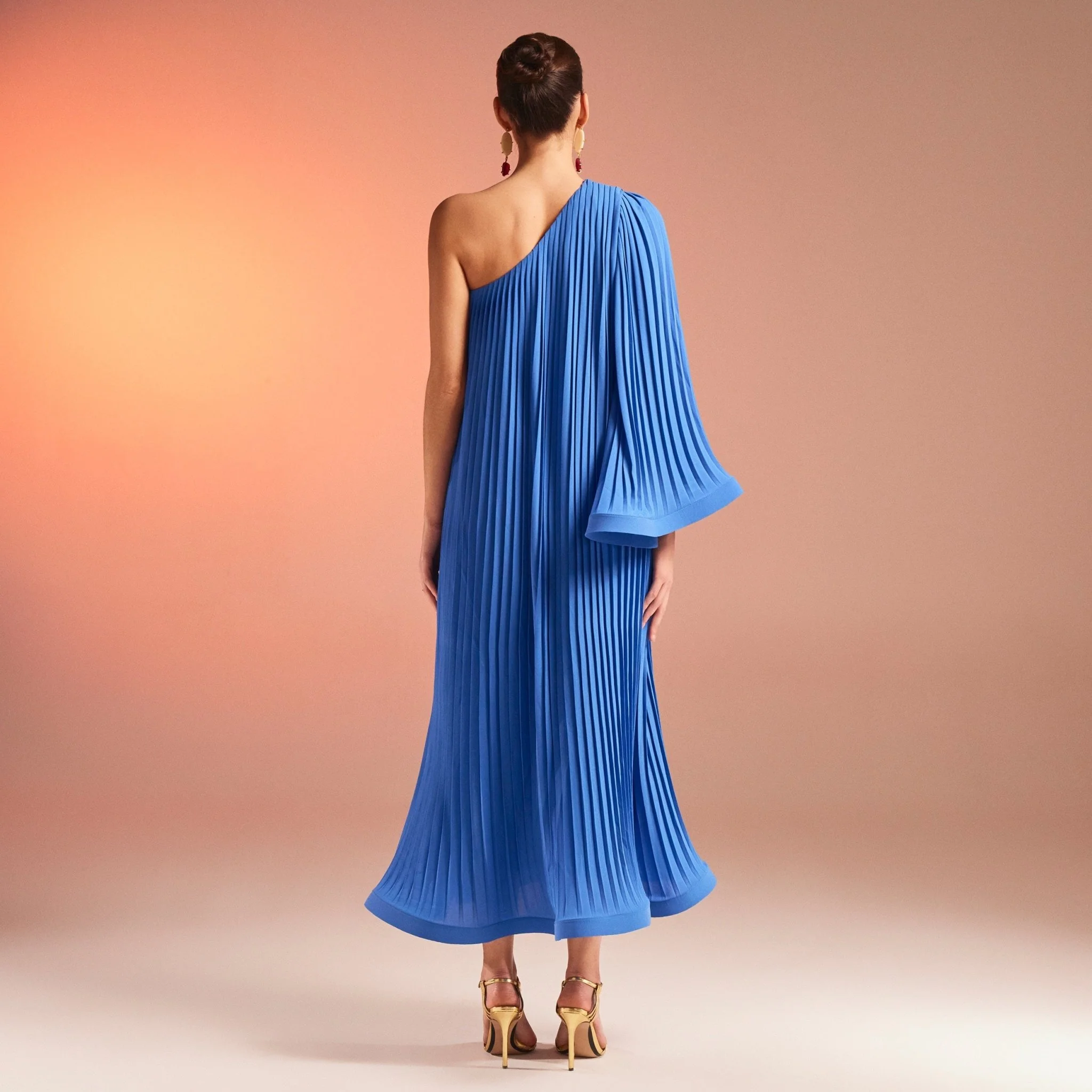 Blue Pleated One Shoulder Long Sleeve Crepe Dress - Image 3