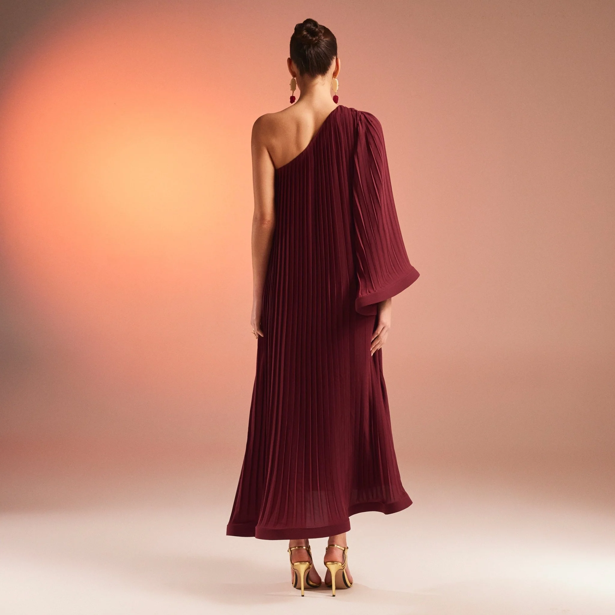Red Pleated One Shoulder Long Sleeve Dress - Image 3