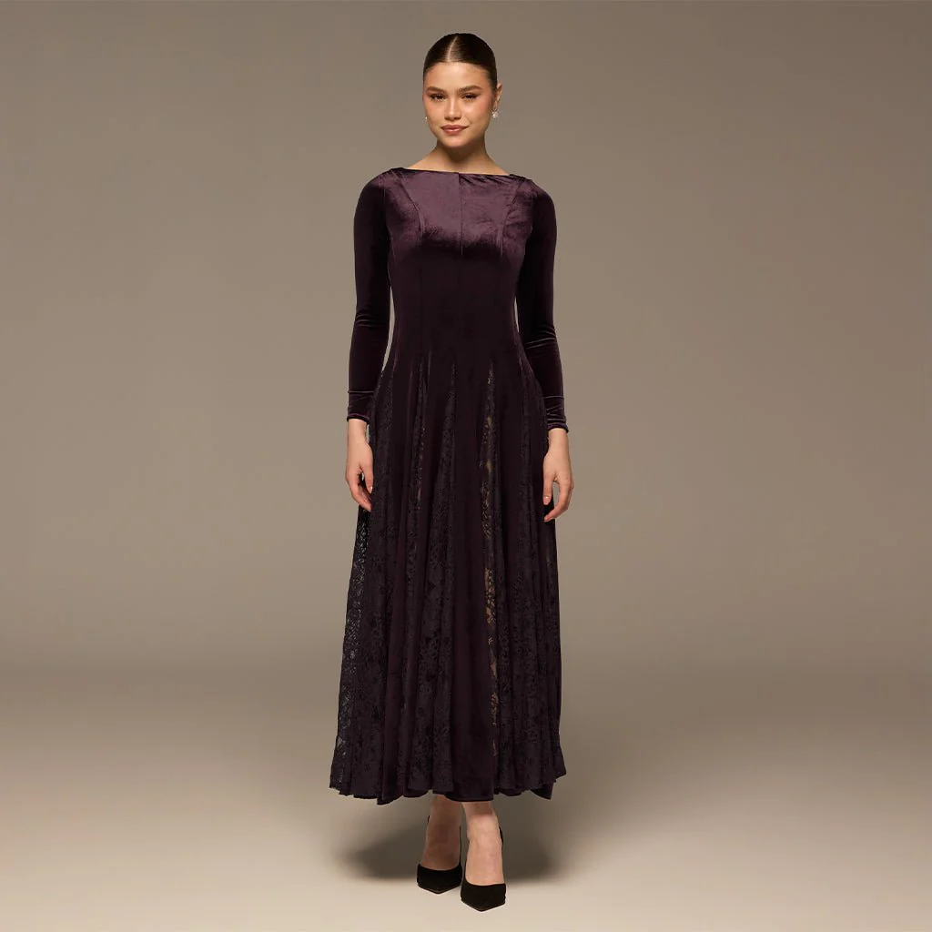 Plum Velvet Maxi Dress with Lace Godets