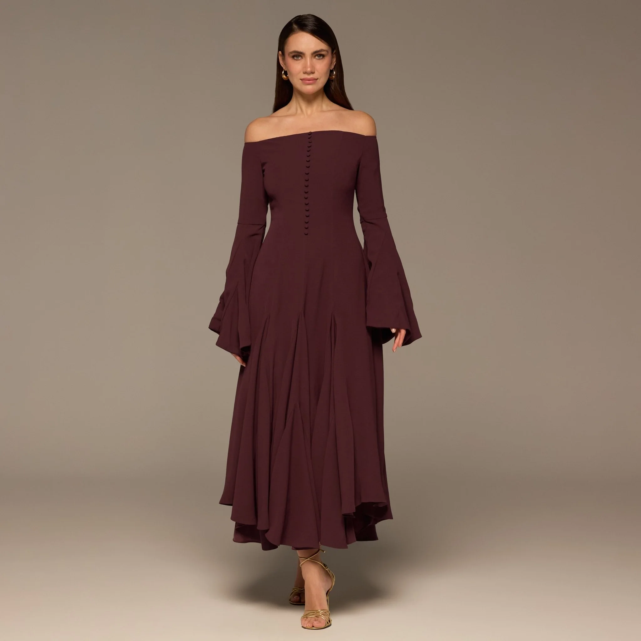 Plum Crepe Off Shoulder A-line Midi Dress
