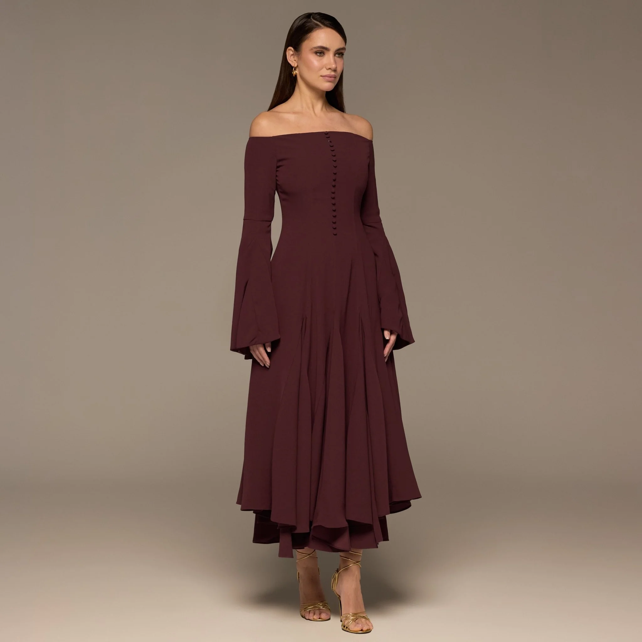 Plum Crepe Off Shoulder A-line Midi Dress - Image 3