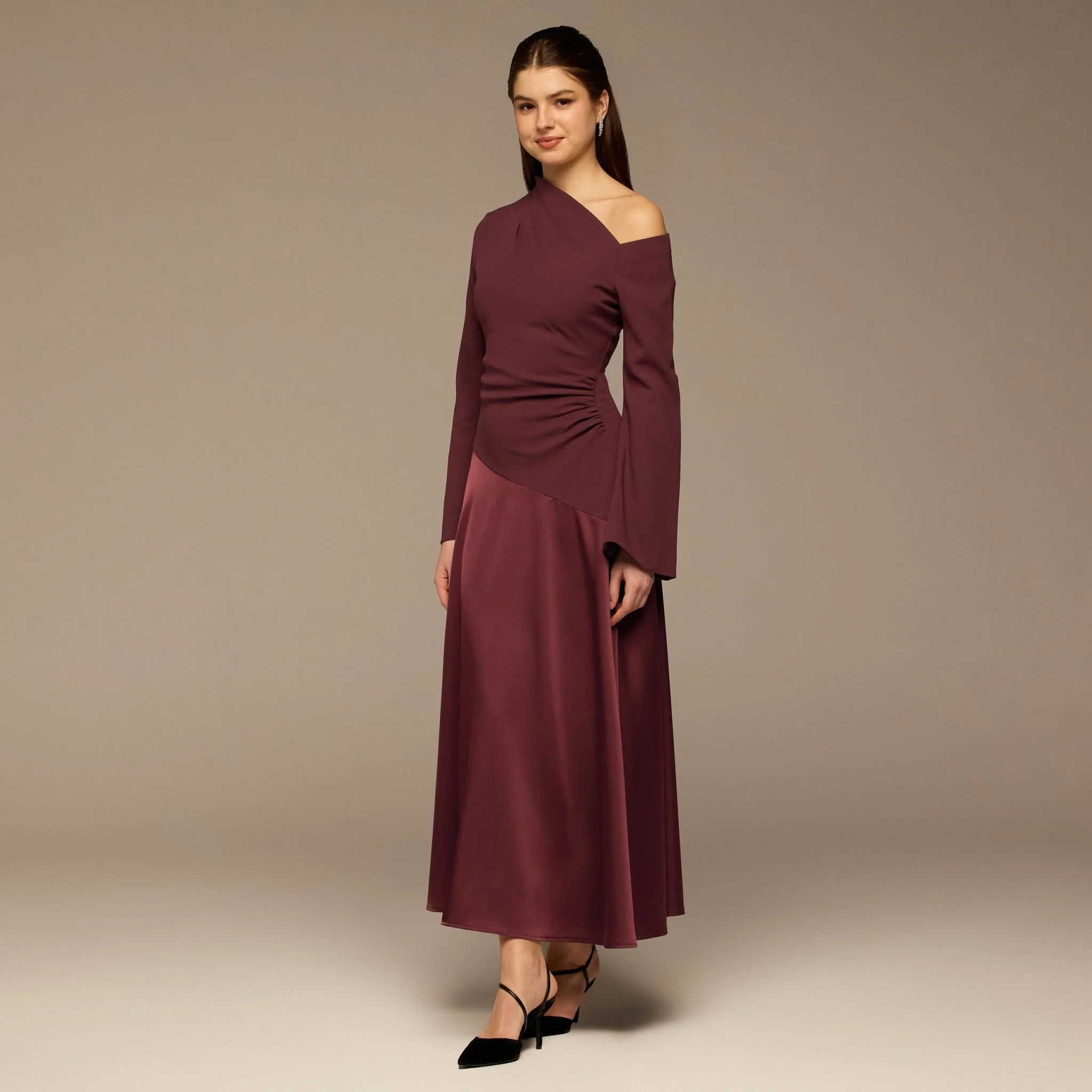 Plum Crepe & Satin One Shoulder Maxi Dress - Image 2