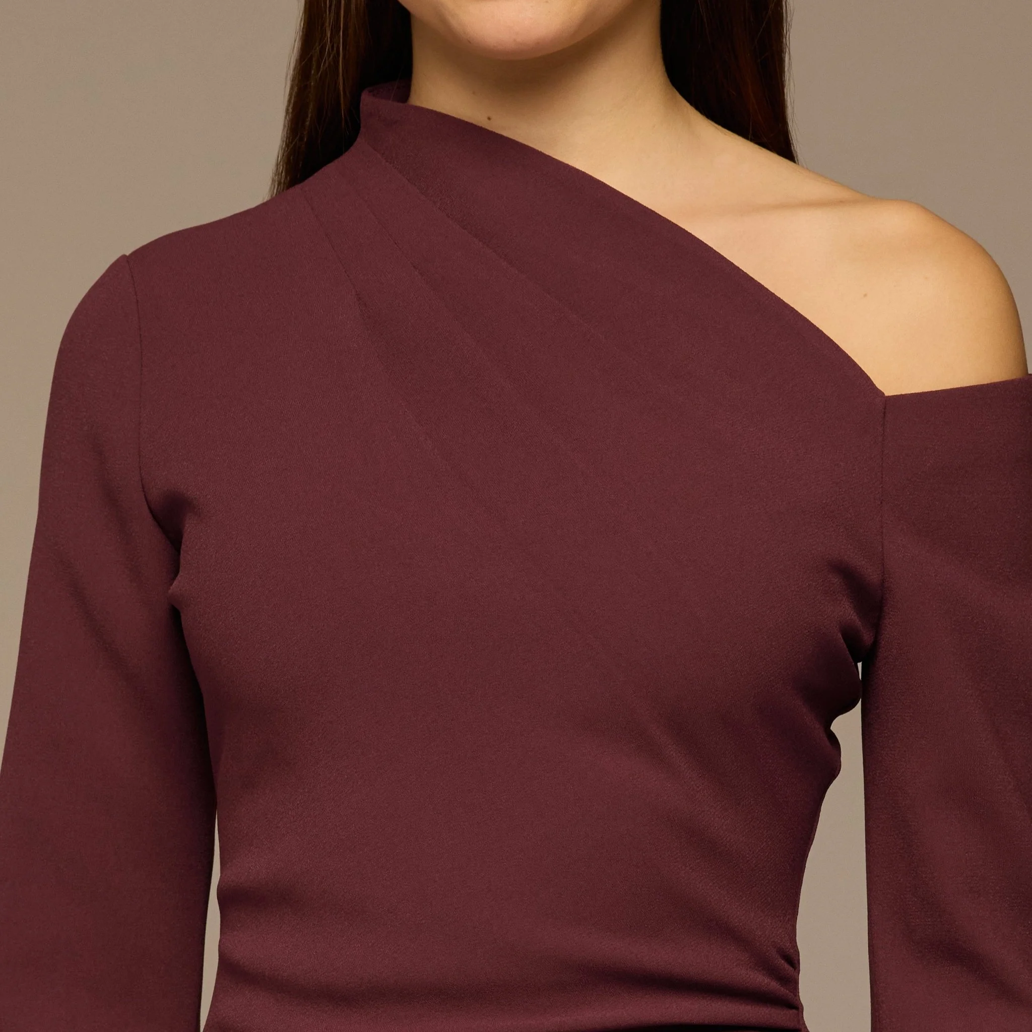 Plum Crepe & Satin One Shoulder Maxi Dress - Image 3