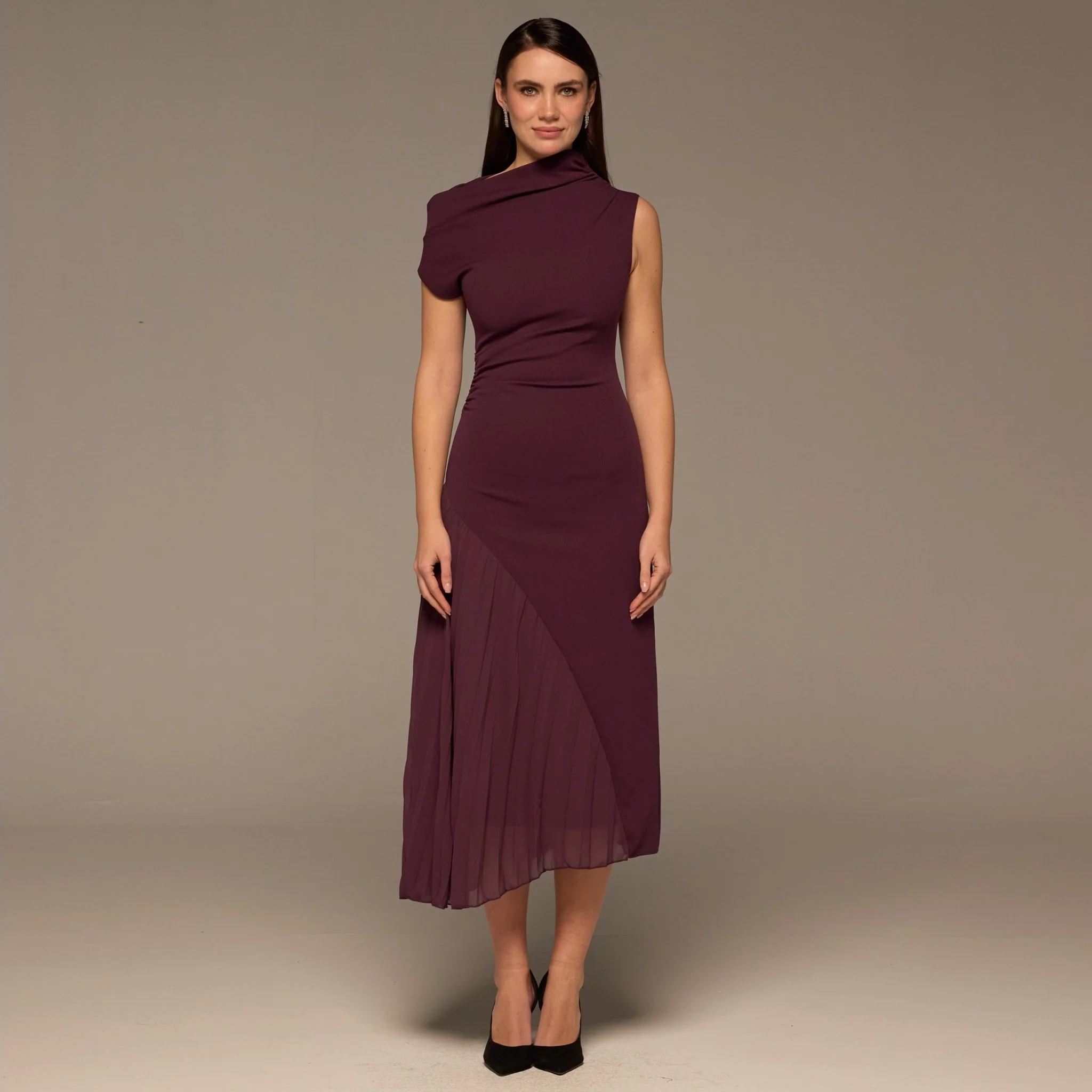 Plum Crepe & Chiffon Asymmetric Midi Dress