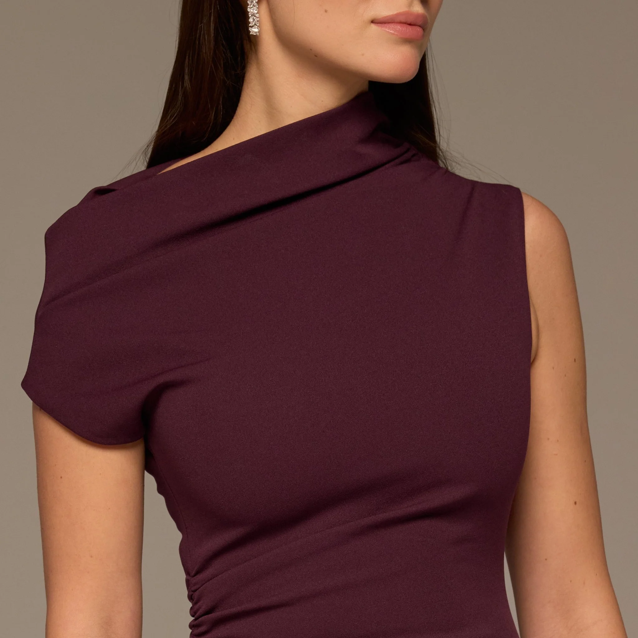 Plum Crepe & Chiffon Asymmetric Midi Dress - Image 3
