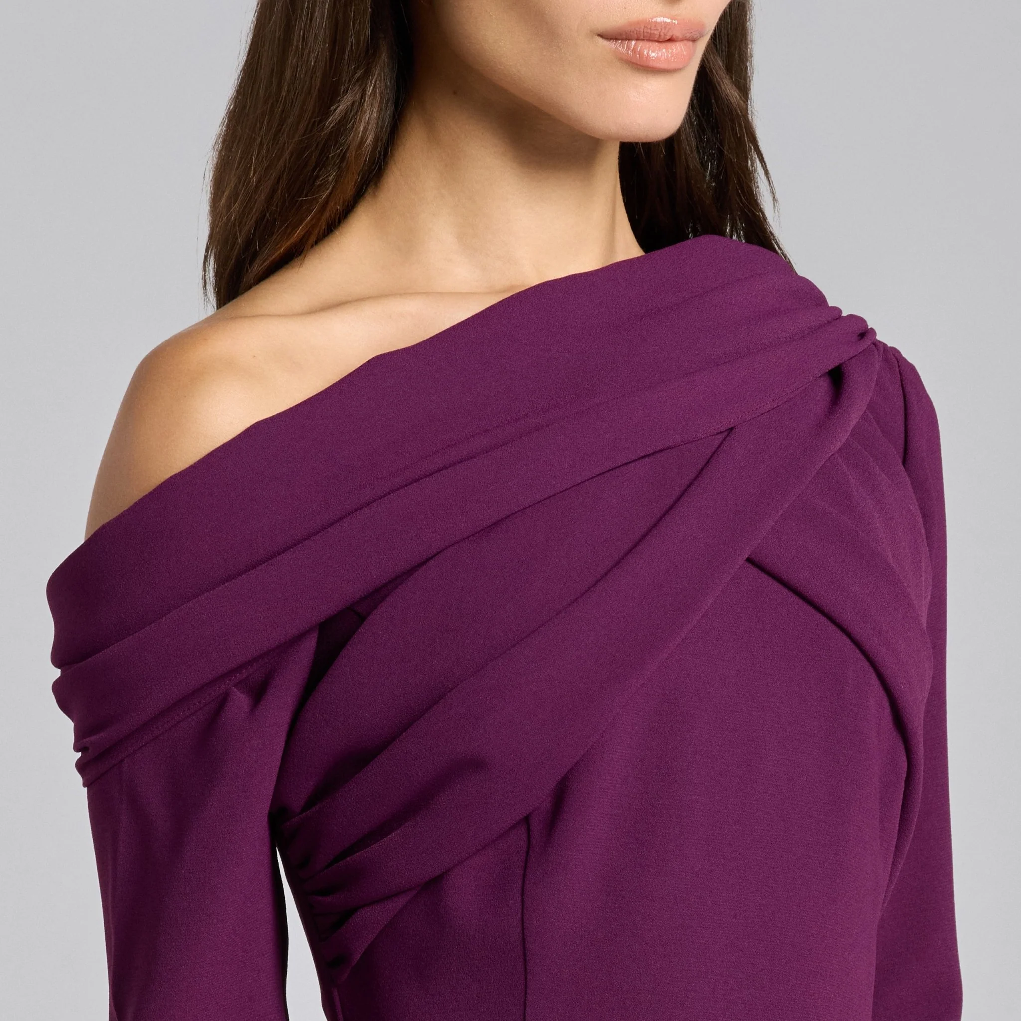 Plum Crepe Draped Mermaid Gown - Image 3
