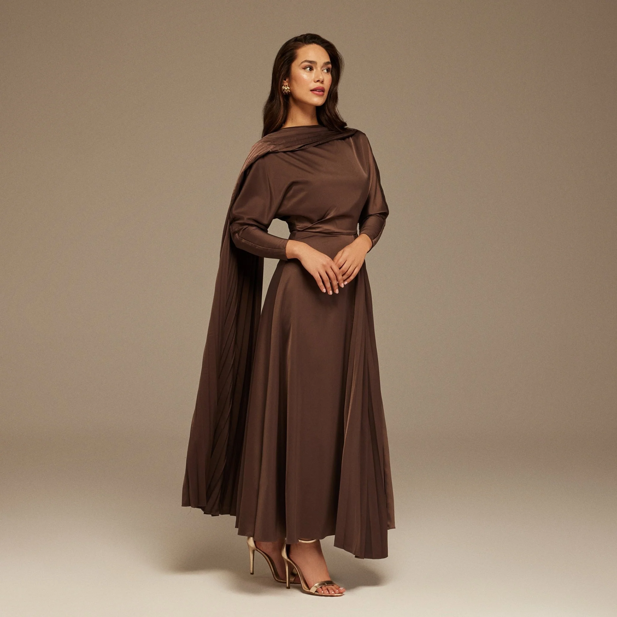 Brown Long Sleeve Midi Dress With Scarf - Image 2
