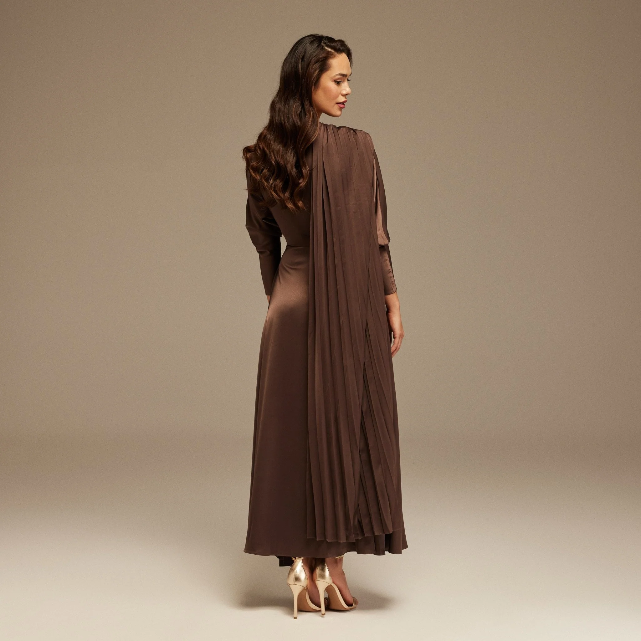 Brown Long Sleeve Midi Dress With Scarf - Image 4