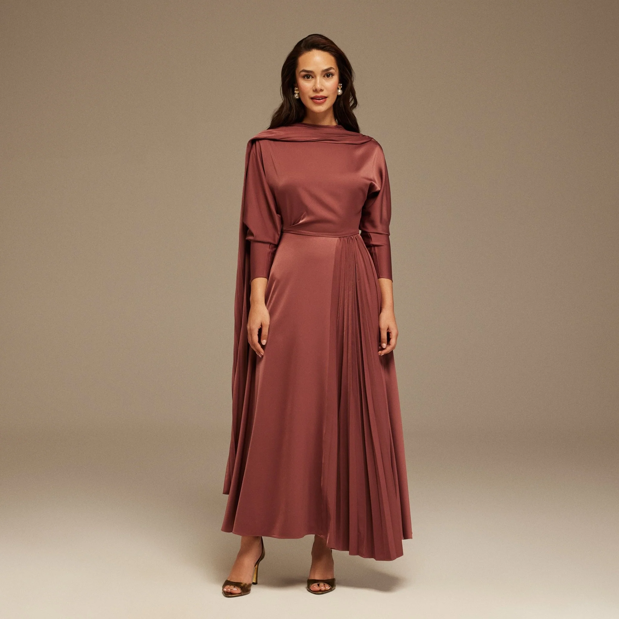 Muted Clay Long Sleeve Midi Dress With Scarf