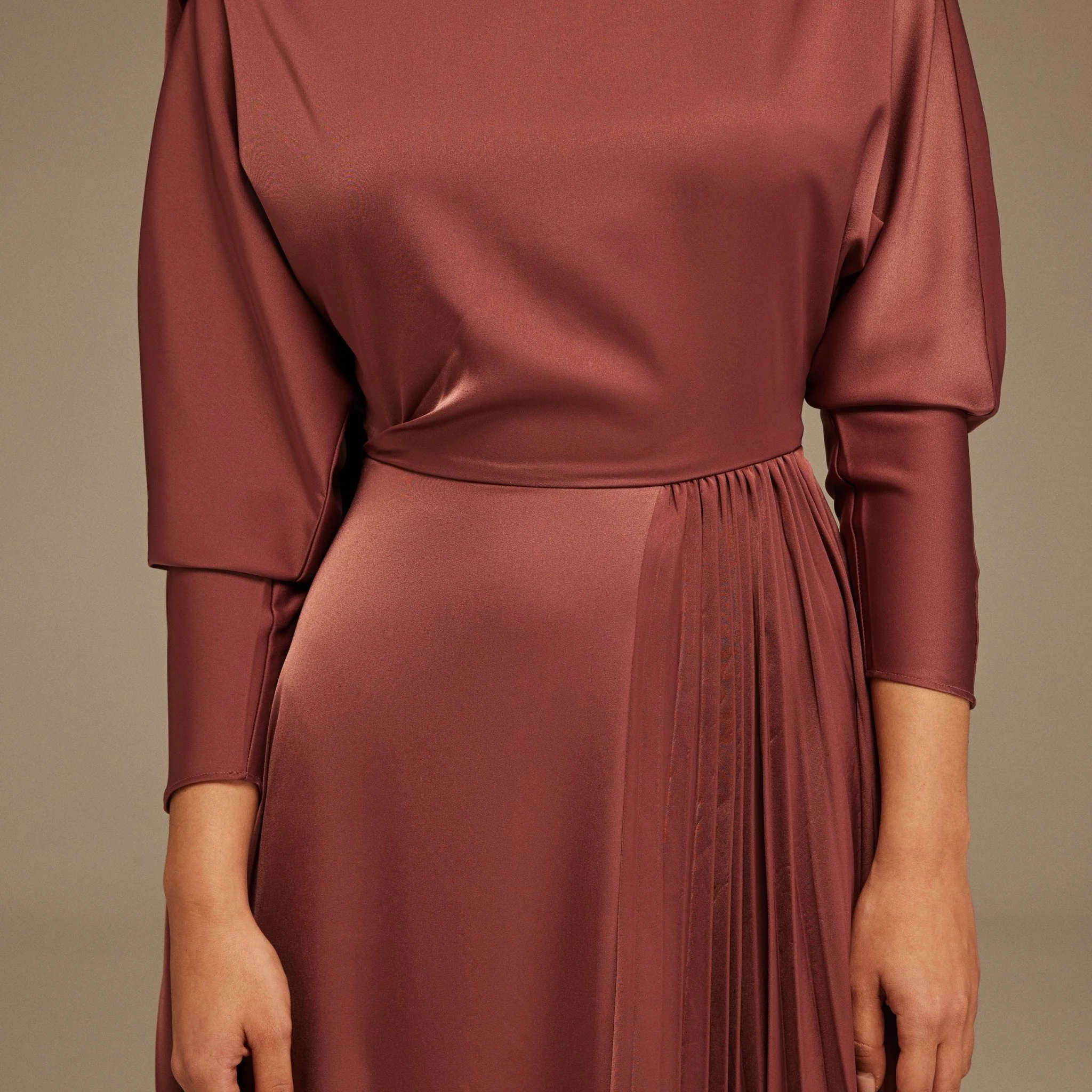 Muted Clay Long Sleeve Midi Dress With Scarf - Image 3